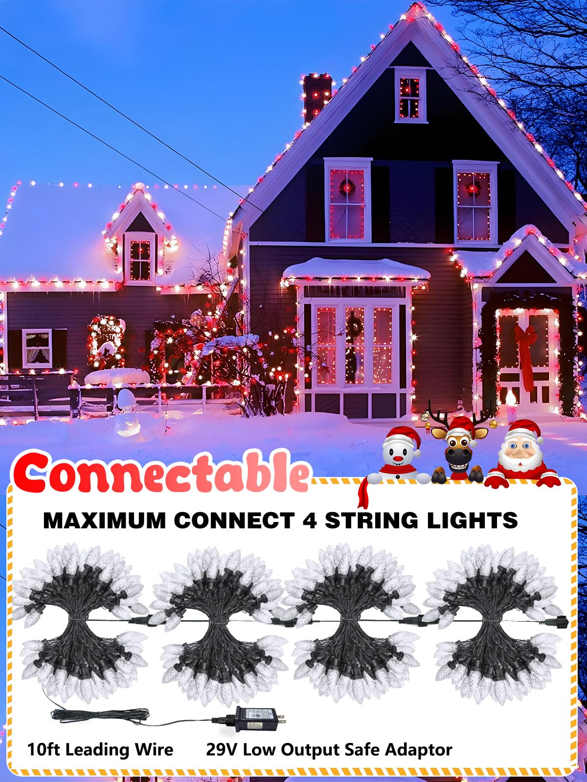 2-Pack Connectable C9 Christmas Lights Outdoor Indoor  66 Ft 100 Led Christmas String Lights Plug In With 8 Modes & Timer  Waterproof Fairy Twinkle Light For Xmas Tree Yard Decorations (Red And White)