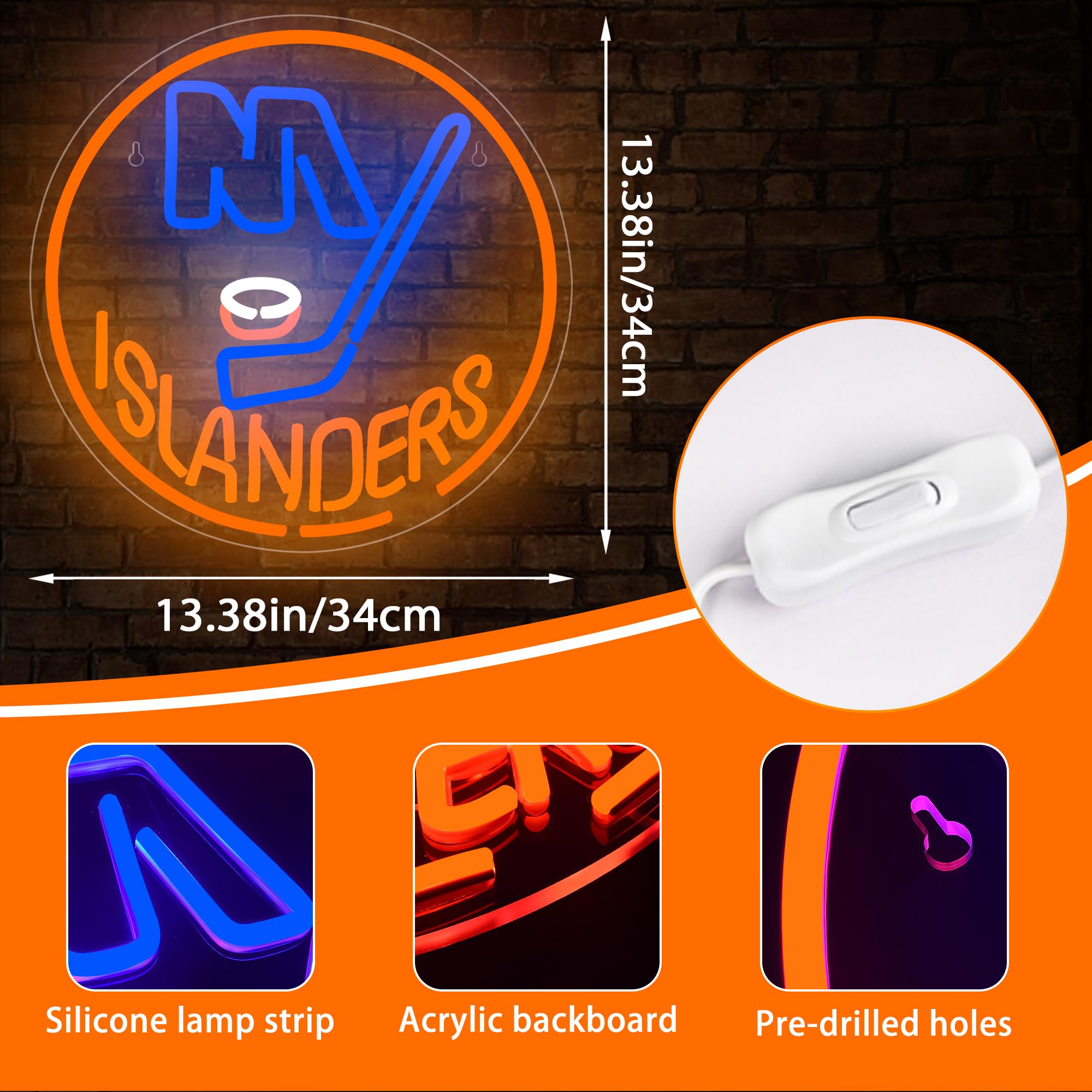 FTMGGDG Ice Hockey Neon Sign, Acrylic Team Logo Light, 13.4 x 13.4 inches, Islanders, Model FMXD600
