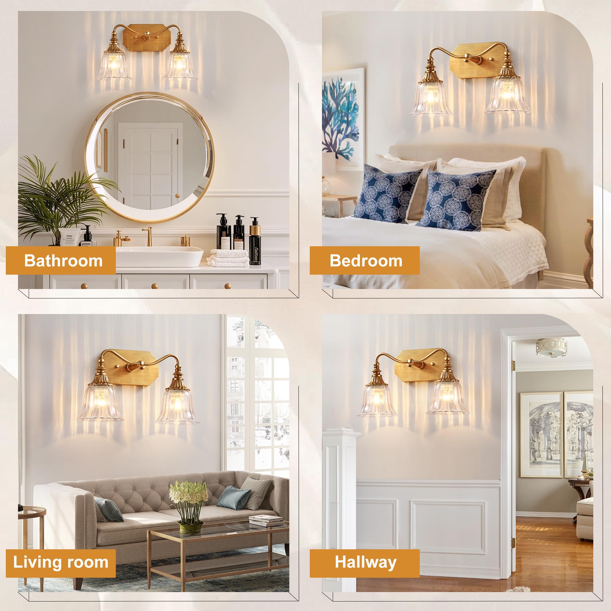 Lmnlvn Bathroom Vanity Gold Light Fixture  2 Lights Bathroom Lighting Matte Antique Brass Finish With Crystal Glass Shade  Gold Vintage Vanity Light For Bathrooms