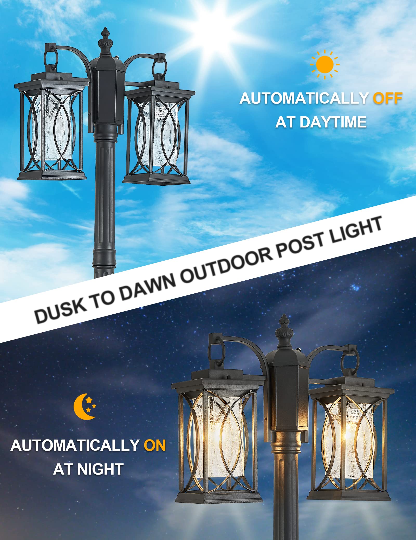 Delicavy Dusk To Dawn Outdoor Lamp Post Light Modern 2-Head Street Pole Light Fixtures With Outlet, Waterproof Black Outside Str