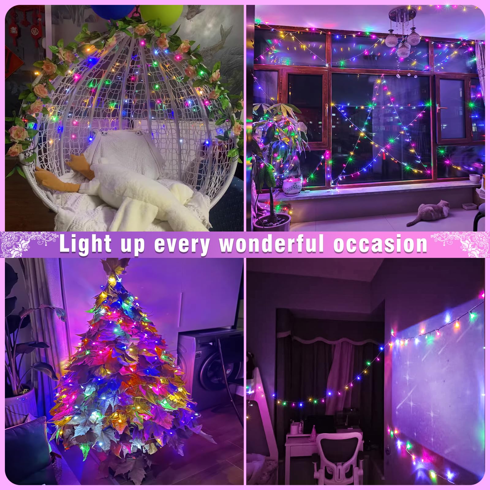 Nielfoi 66ft 200 LED String Lights, Twinkle Fairy Lights, Waterproof, 8 Modes, Pastel Multicolor, Model BG-CL3M3-306L01