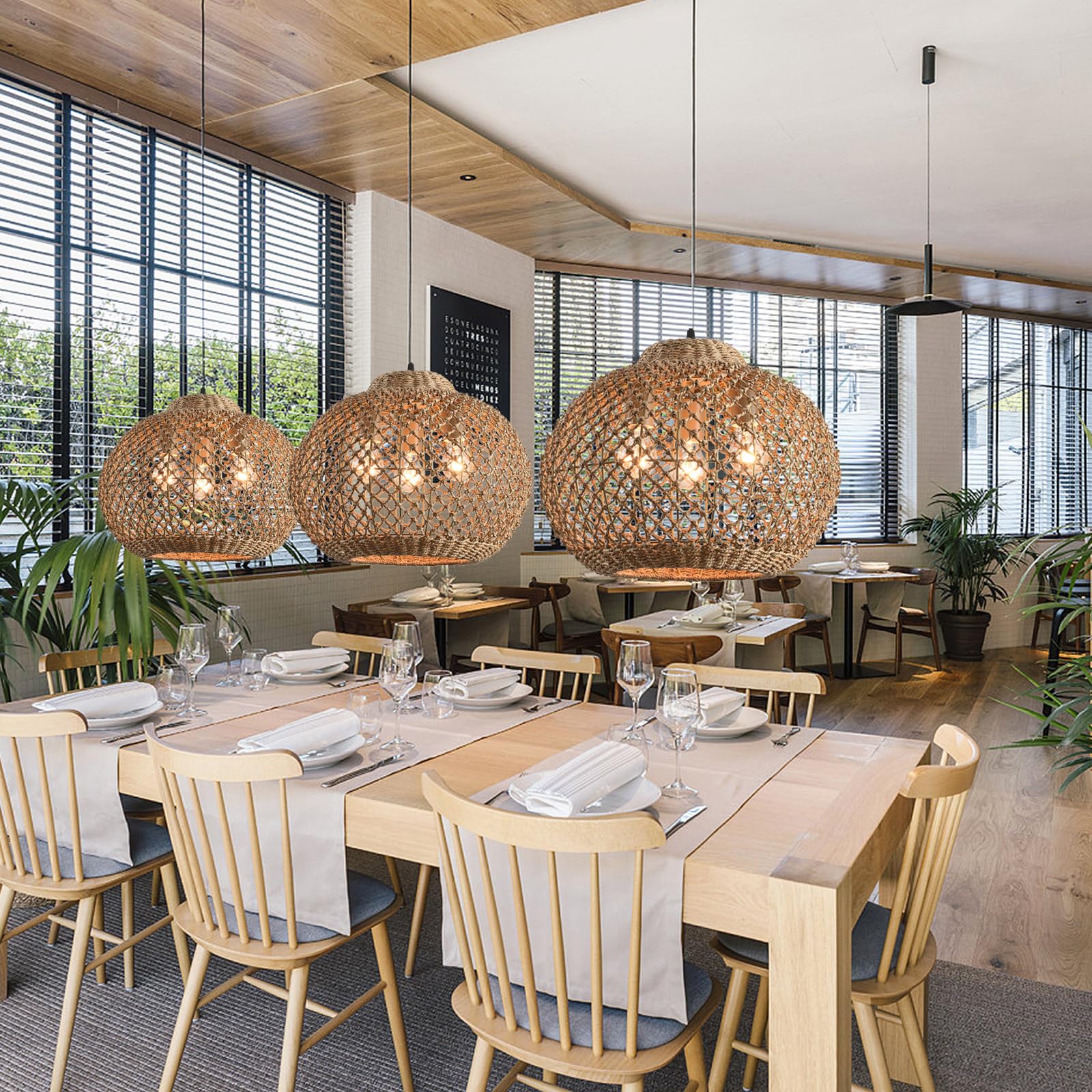 Teru Ji Kaikang 17'' Rattan Pendant Light,3-Light Boho Hand Woven Wicker Seagrass Hanging Light Water Plants Rattan Chandelier F