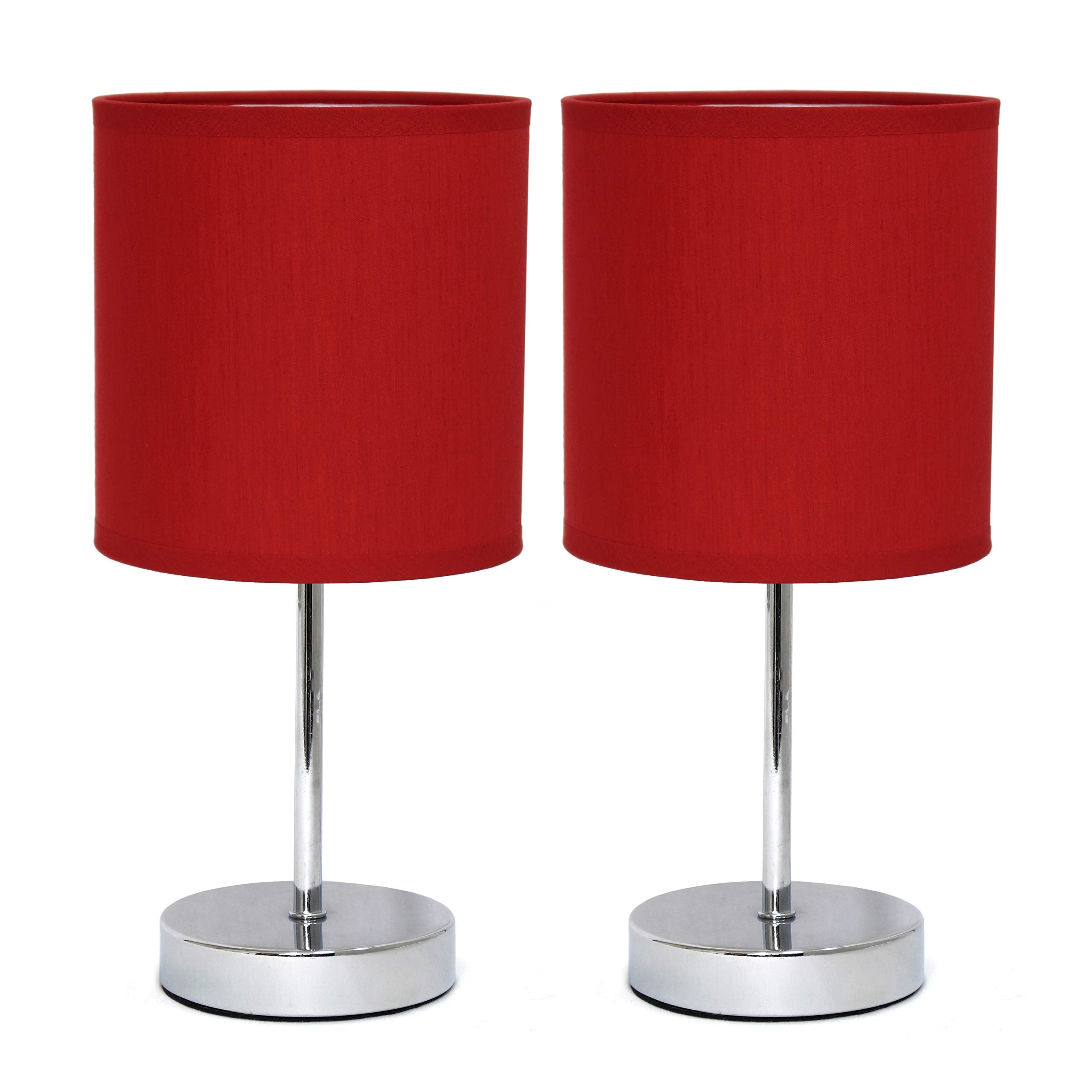 Simple Designs Lt2007-Red-2Pk Chrome Mini Basic Table Lamp With Fabric Shade 2 Pack Set, Red
