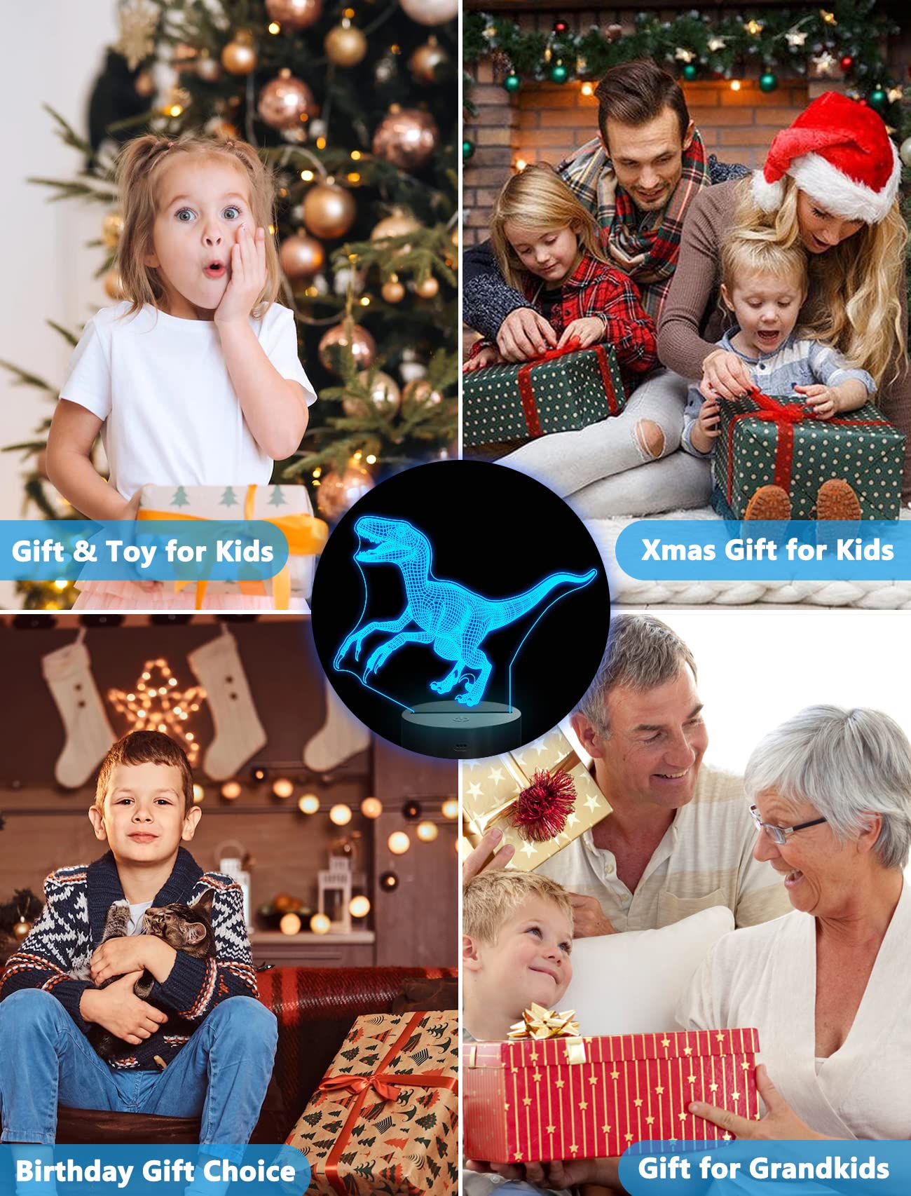 Fullosun 3D Dinosaur Night Light, Velociraptor Blue Lamp With Remote & 16 Color Options For Kids