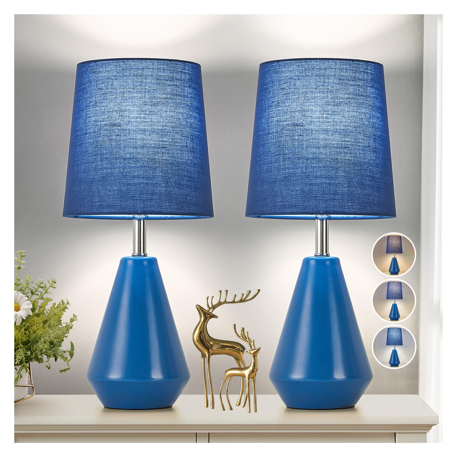 bdayanx Small Bedside Table Lamp for Bedroom-Reading Desk Lamp Set of 2 with 3 Color Temperatures 15.5 Nightstand Ceramic Lamp with Fabric Shade for Kids Room Living Room Dorm Home Office(Blue)