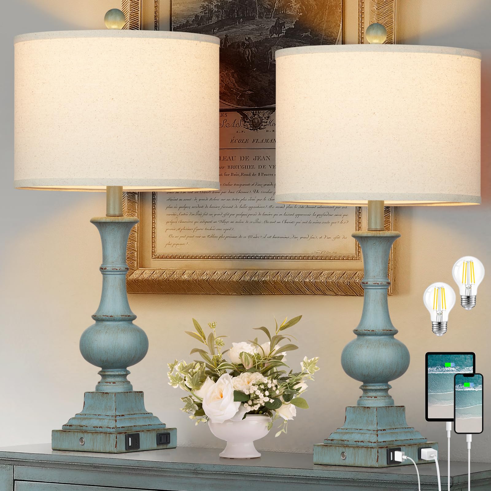 Farmhouse Table Lamps Set of 2, 26'' Vintage Rustic Touch Control 3-Way Dimmable Bedside Lamp with USB A+C Ports & AC Outlet, Bl