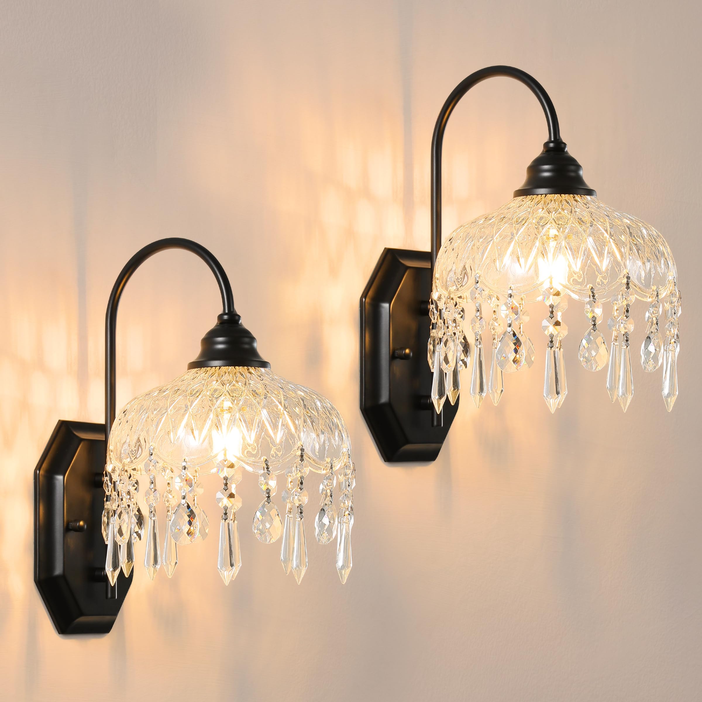 LOSNEOLAZ 2-Pack Vintage Glass Crystal Wall Sconce, Matte Antique Black Finish, for Bedroom Bathroom Hallway Living Room