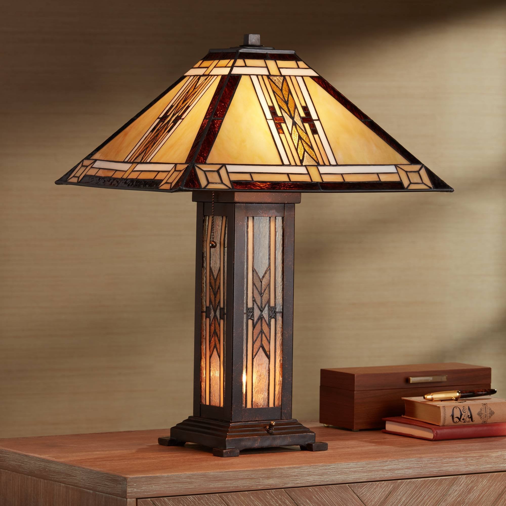 Franklin Iron Works Drake Mission Collection 25 1/2'' High Tiffany-Style Farmhouse Rustic Southwestern Table Lamp Night Light Pu