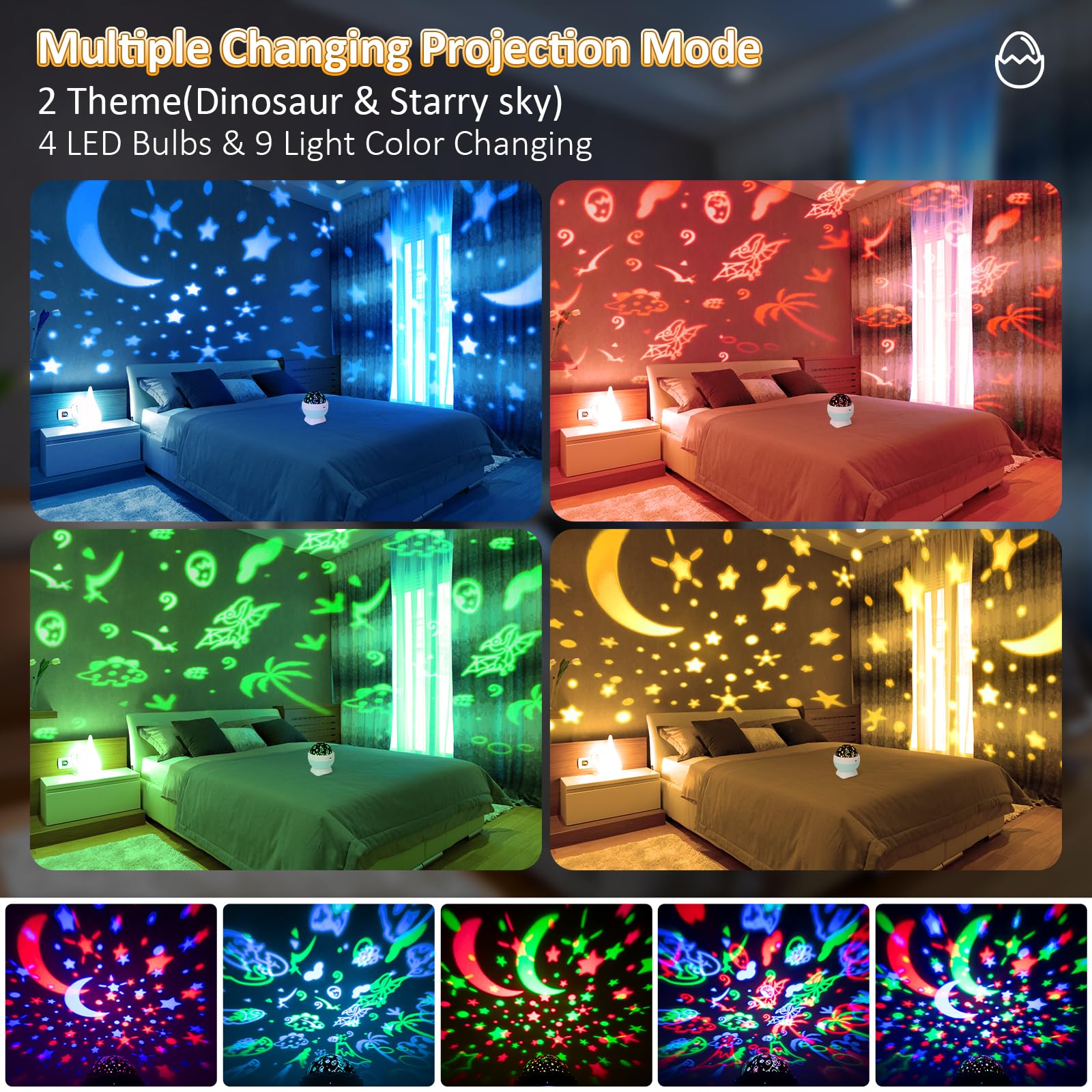 Artidoo Night Light For Kids - Dinosaur & Starry Sky Projector, Color Changing, Blue
