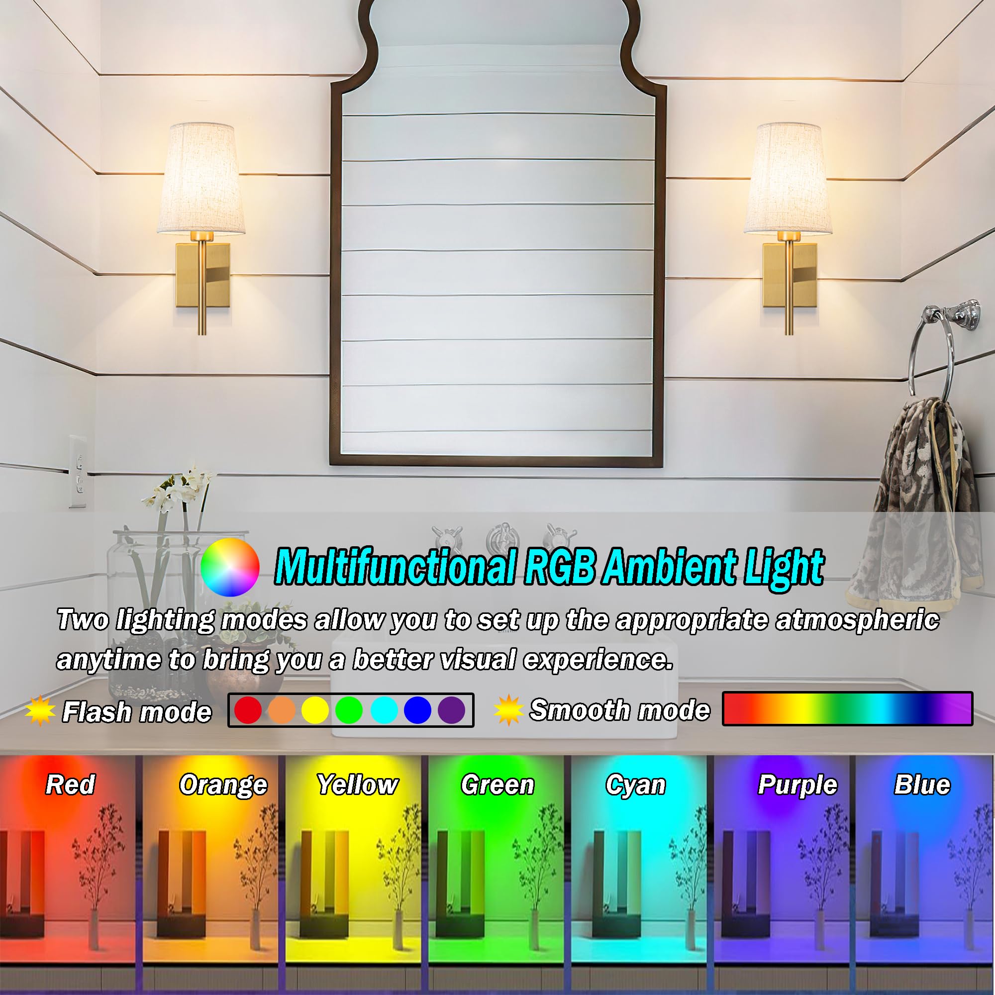 YHCDLAMP Battery Operated Wall Sconces Set of Two, RGB Color Changing, Dimmable, Brass, Easy to Install, One Size