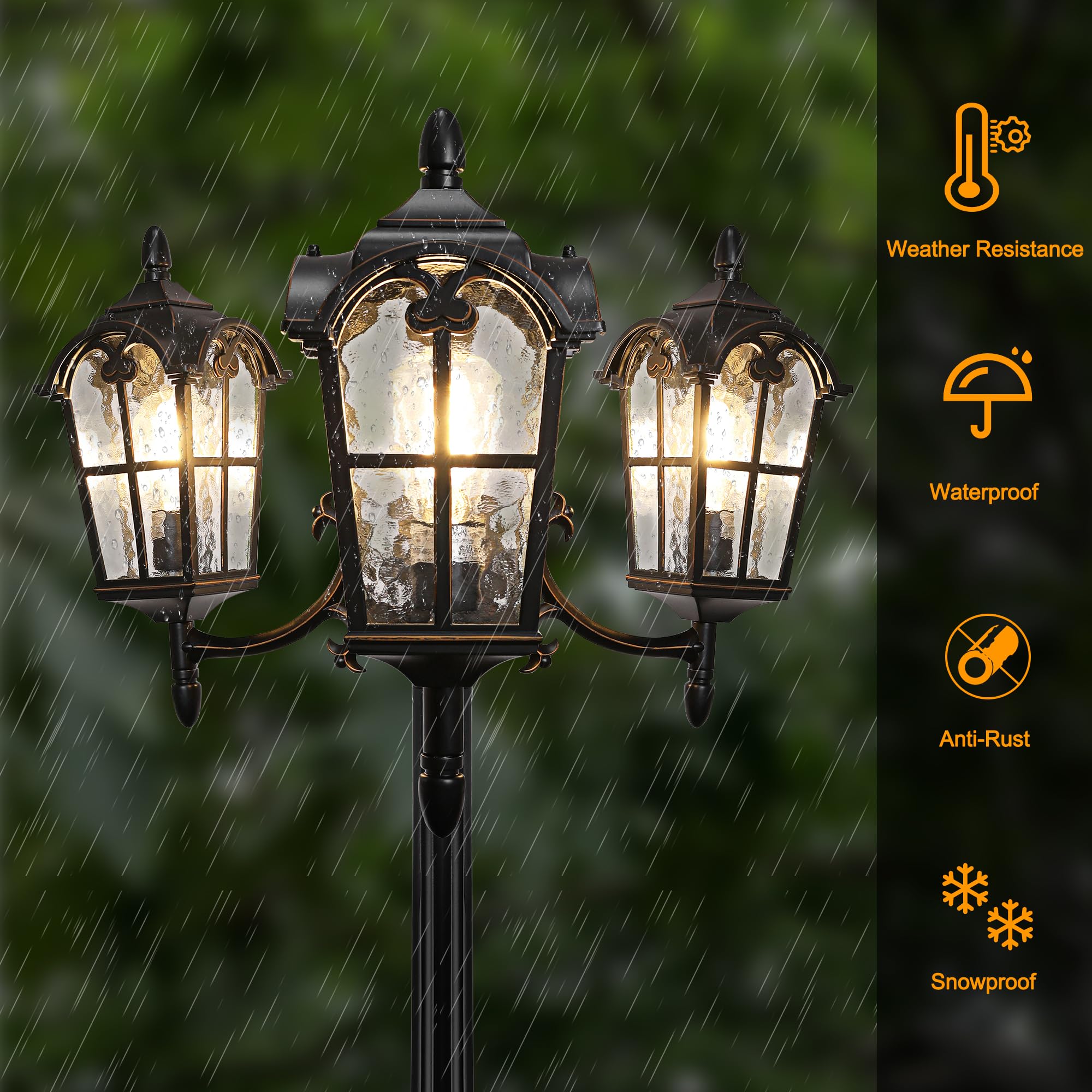 Partphoner Triple Head Black Aluminum Outdoor Lamp Post - Waterproof Garden Light Fixture