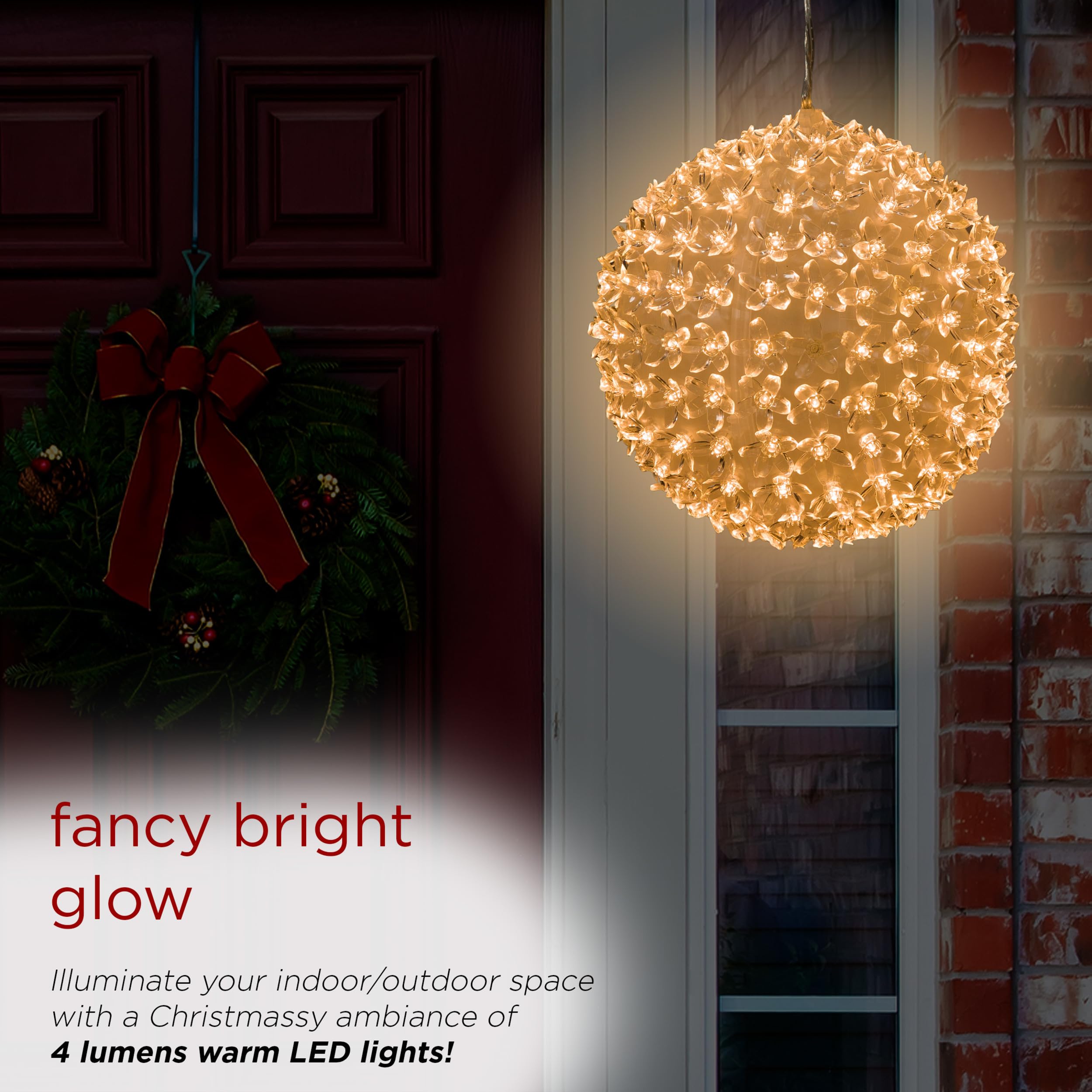 Alpine Corporation Twinkling Sphere Ornament with Warm White LED Lights, 8in Hanging Decoration, Indoor/Outdoor, White, Model COR109WW