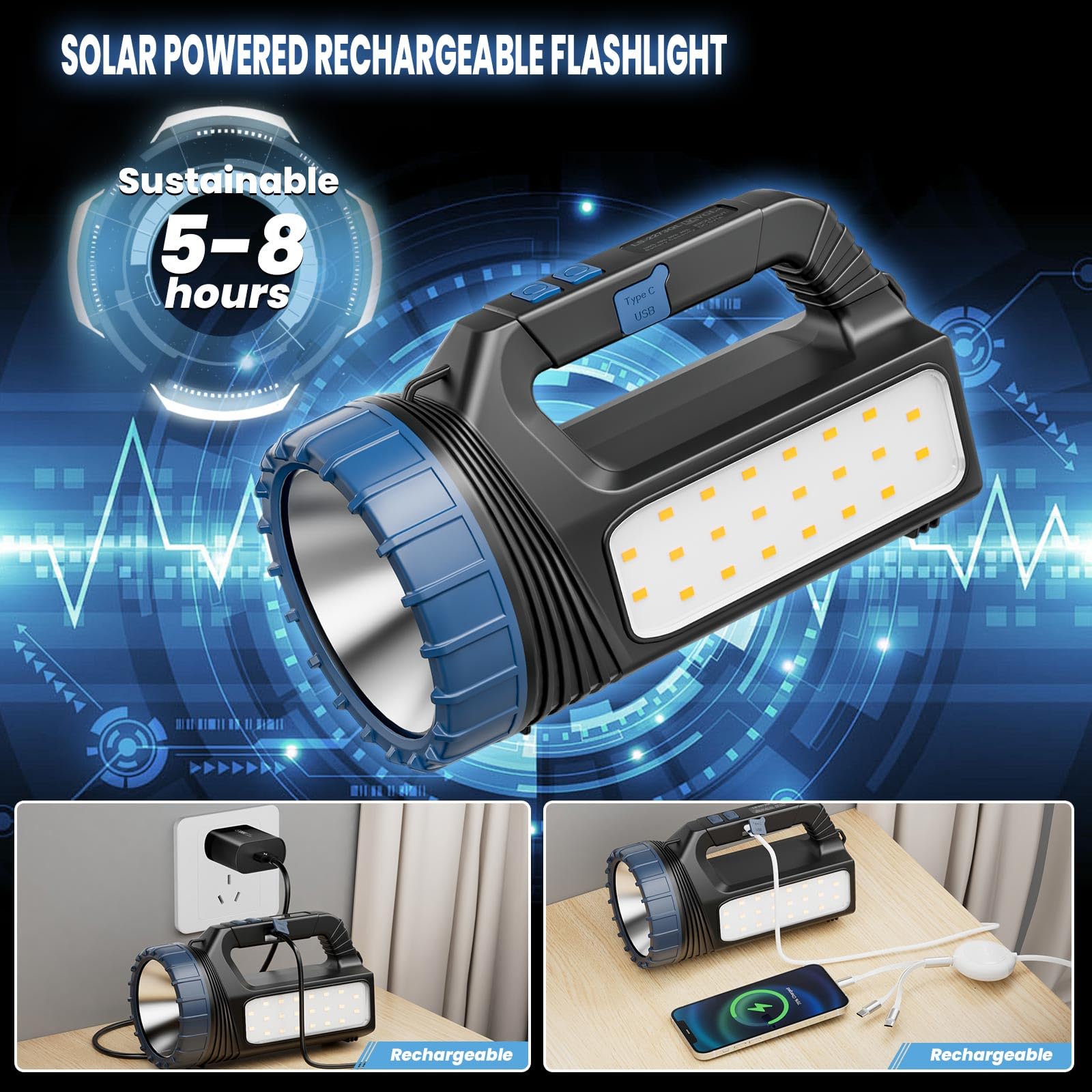 E-Shidai Solar Flashlights, 8000 Lumens Led, Usb C, 2Pcs, Black, Model Ls-2273, Multi-Function With Emergency Strobe Light