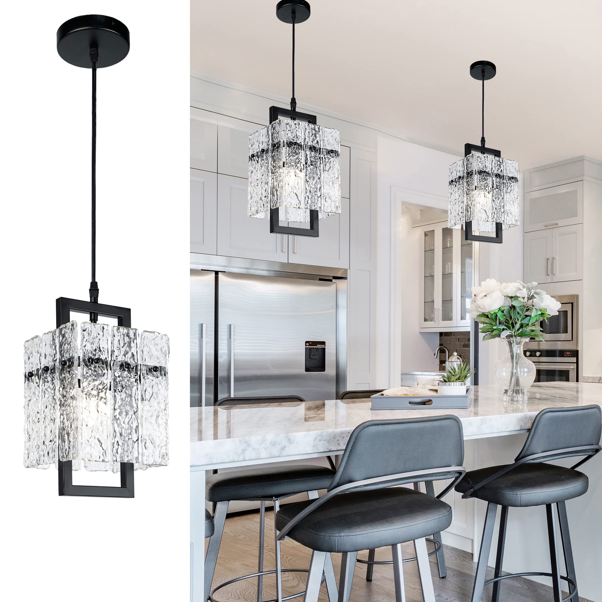 Black Crystal Pendant Light for Kitchen Island, Luxury Water Ripple Glass Chandelier Lights Fixture, Modern Elegant Adjustable P