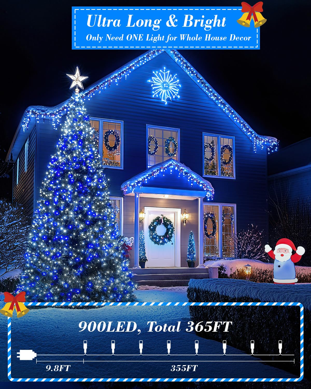 Jixxulvu Blue White Christmas Lights Outdoor Total 710Ft 1800 Led Extra Long String Lights Waterproof  Timer & Memory  8 Modes Dimmable Plug In Fairy For Outside Tree Wedding Patry