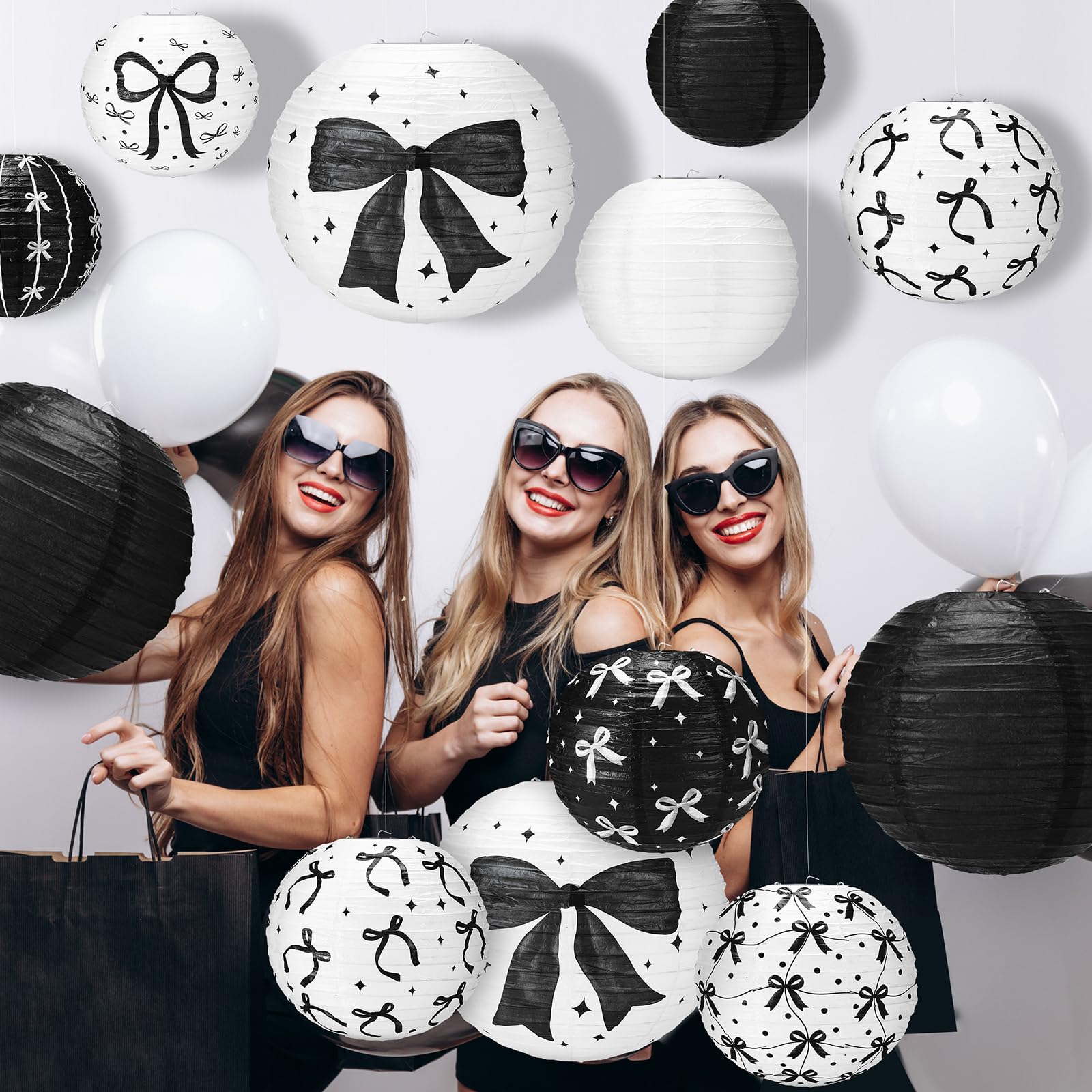 Glooglitter 12 Pcs Black Bow Paper Lanterns Black Bow Birthday Party Decorations Birthday Decor For Girls Women Weddings Bachelo