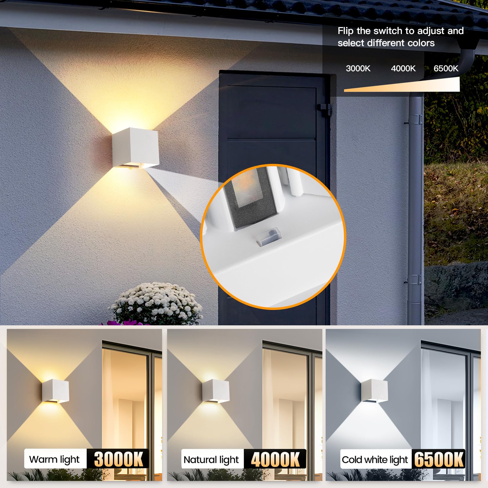 4 Pack Led Outdoor Wall Lights Exterior/Interior 3 Colors Adjustable 15W Wall Light Fixture Ip65 Waterproof Porch Exterior Wall Sconce Modern Outdoor Lighting Square Aluminum White Up And Down Lights
