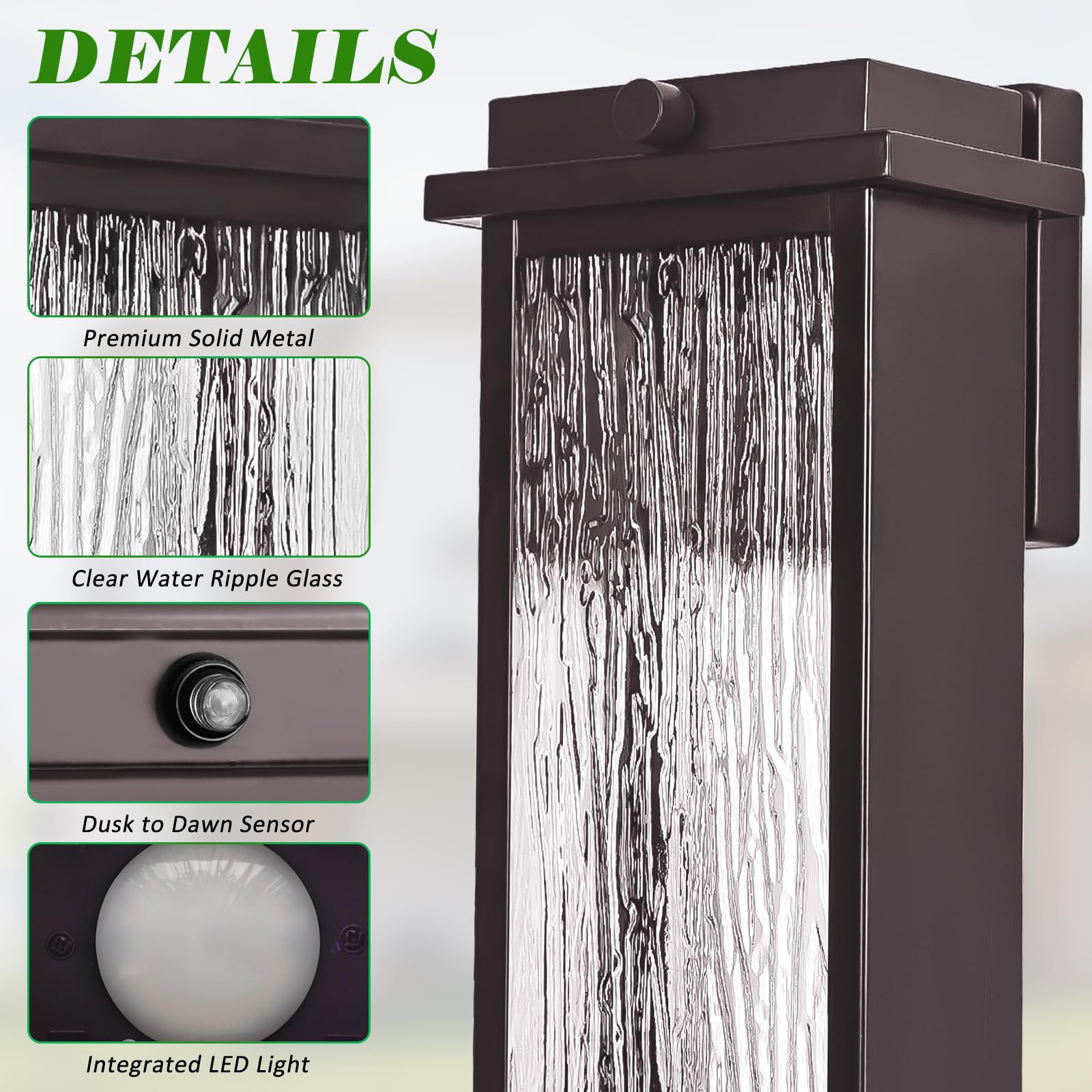 Oil Rubbed Bronze Led Dusk To Dawn Outdoor Lighting 2 Packs, 16" Large Outside Farmhouse Wall Lantern Brown, Industrial Porch Wall Mount Light Fixture With Rippled Glass, Modern Exterior Sconce Lamp