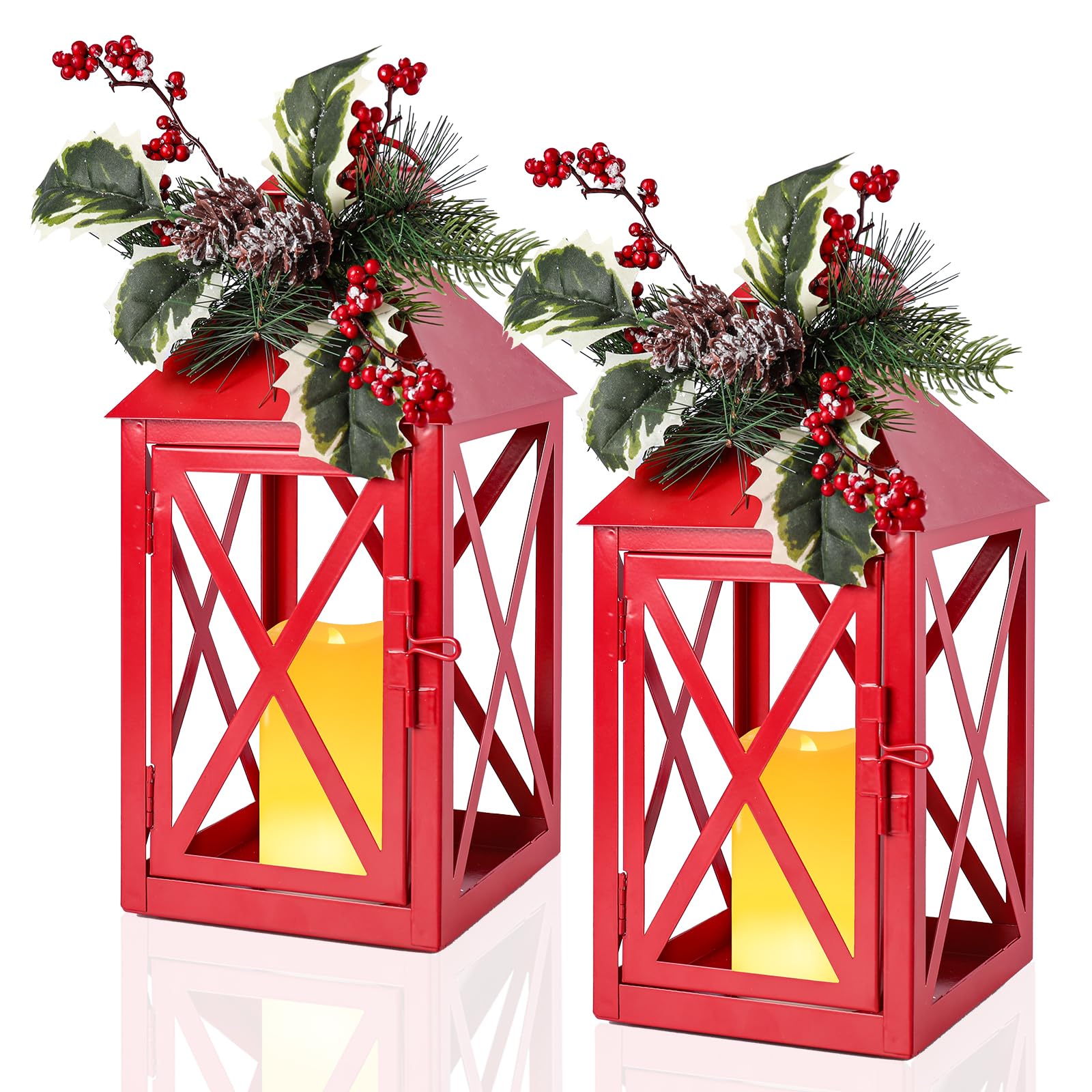 Christmas Lanterns Decorative Outdoor, Waterproof 14.2 Decorative Christmas Red Lantern Indoor Decor Metal Hanging Candle Holder