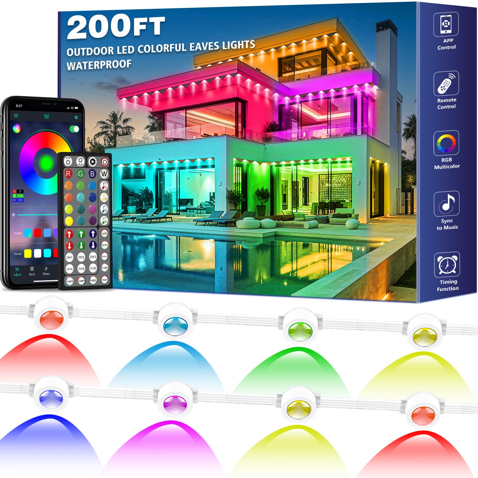 200FT Permanent Outdoor RGB Lights - IP67 Waterproof with Smart App Control Remote, DIY Scene Modes, Music Synchronization, Eave