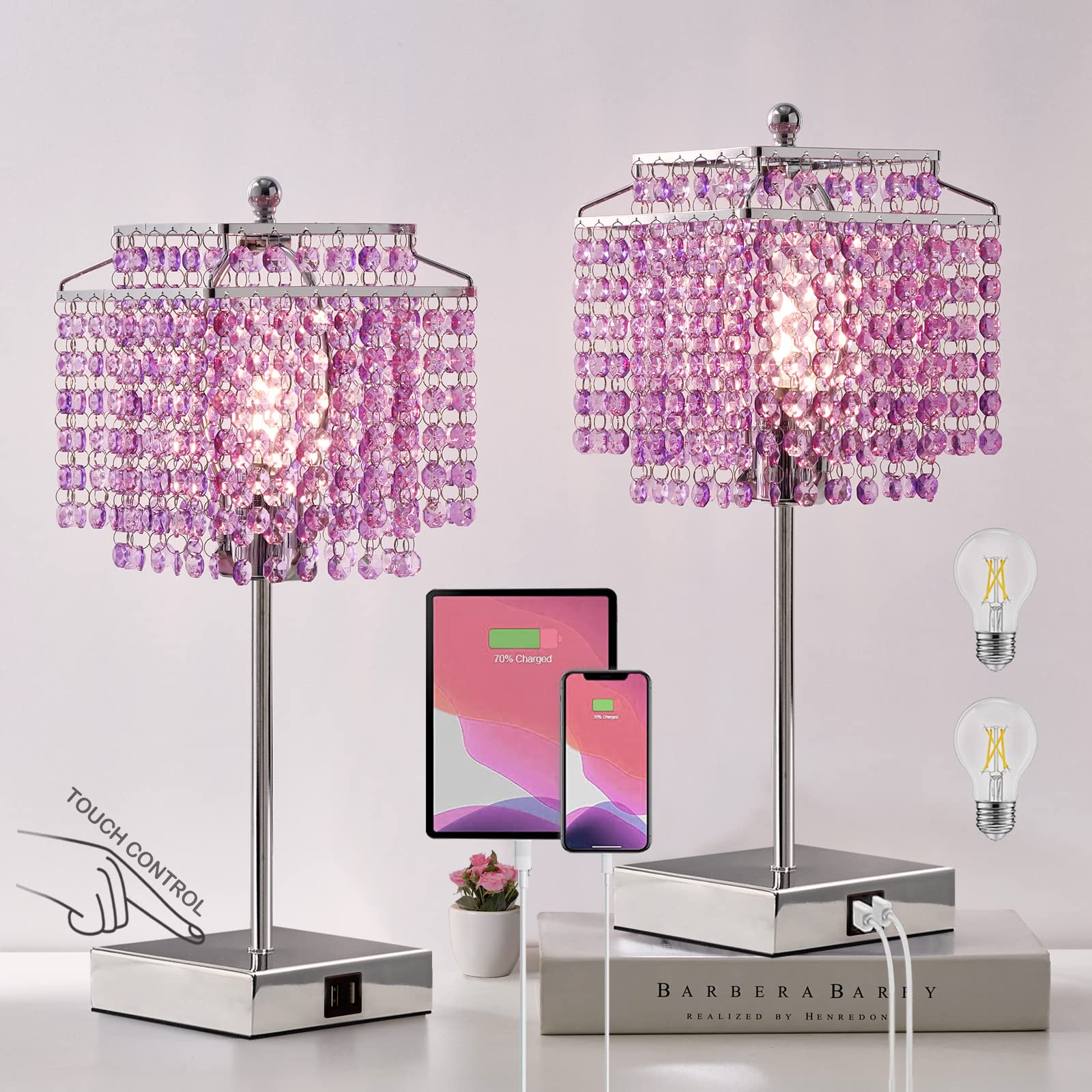 Luvkczc Purple Bedside Crystal Table Lamp Set of 2, Touch Control Crystal Lamps, 3-Way Dimmable Lamp with Crystal Shade for Bedr
