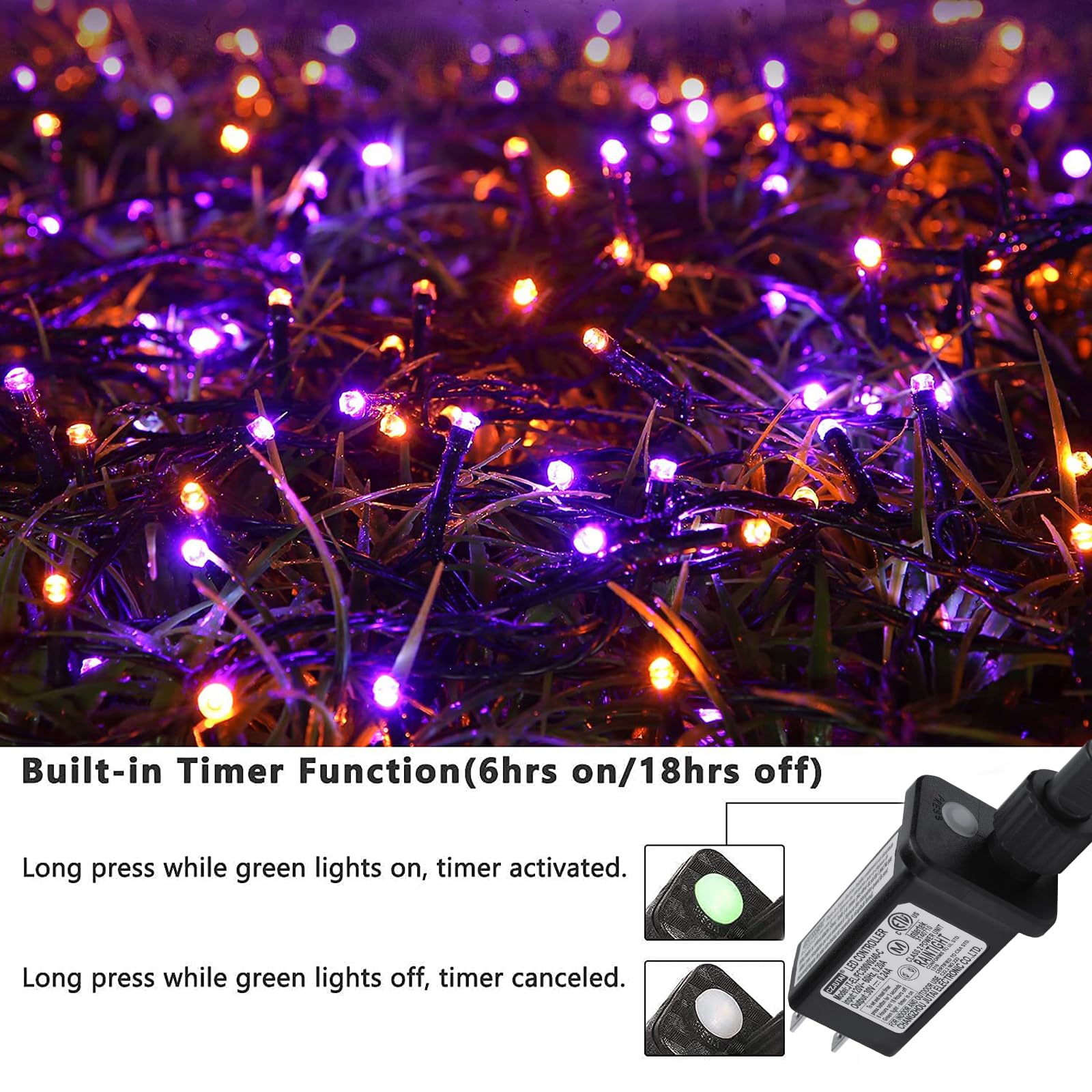 Joomer Halloween String Lights 100FT 300 LED Waterproof Plug-In Orange Purple with 8 Modes Timer for Indoor Outdoor Decorations