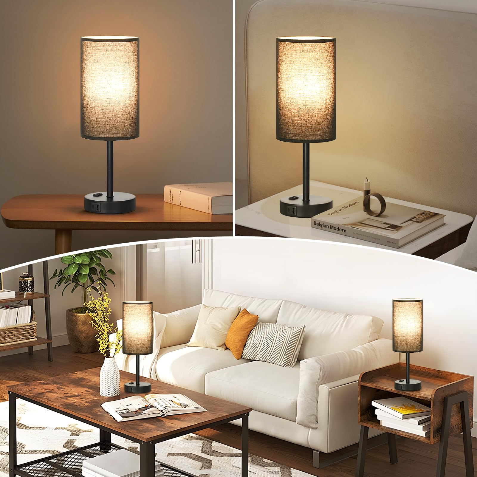 17.4Inches Tall Black Touch Table Lamps Set - 3 Way Dimmable Bedside Lamps With Usb C And A Ports, Small Lamps For Nightstand Wi