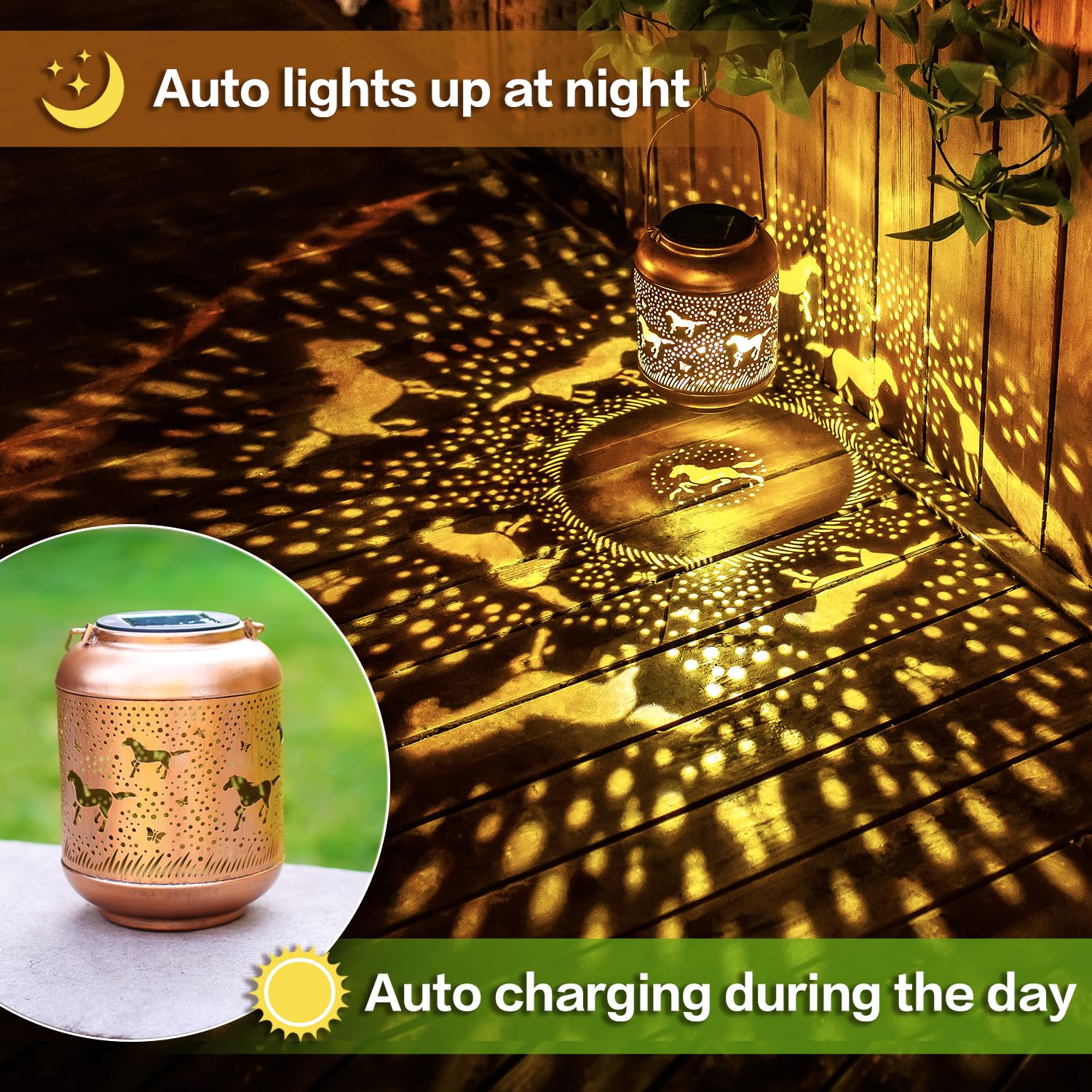 TIGGSY Metal Horse Solar Lanterns - Waterproof LED Hanging Lights for Outdoor Yard, Patio, Garden Decor - Brown, Model HW-DL-047