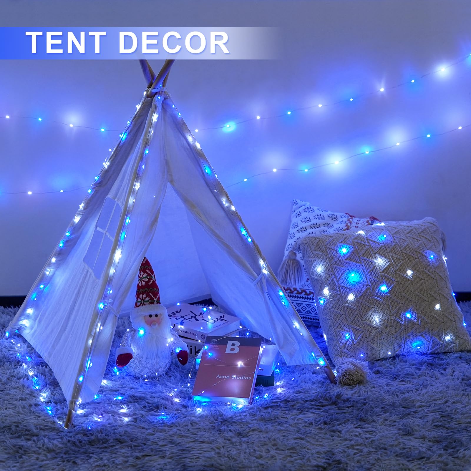 Jmexsuss 2 Pack 100 Led Blue And White Fairy Lights Battery Operated, 33Ft Blue And White Christmas Lights With Remote, 8 Modes Battery Powered Twinkle String Lights For Bedroom Christmas Tree Decor