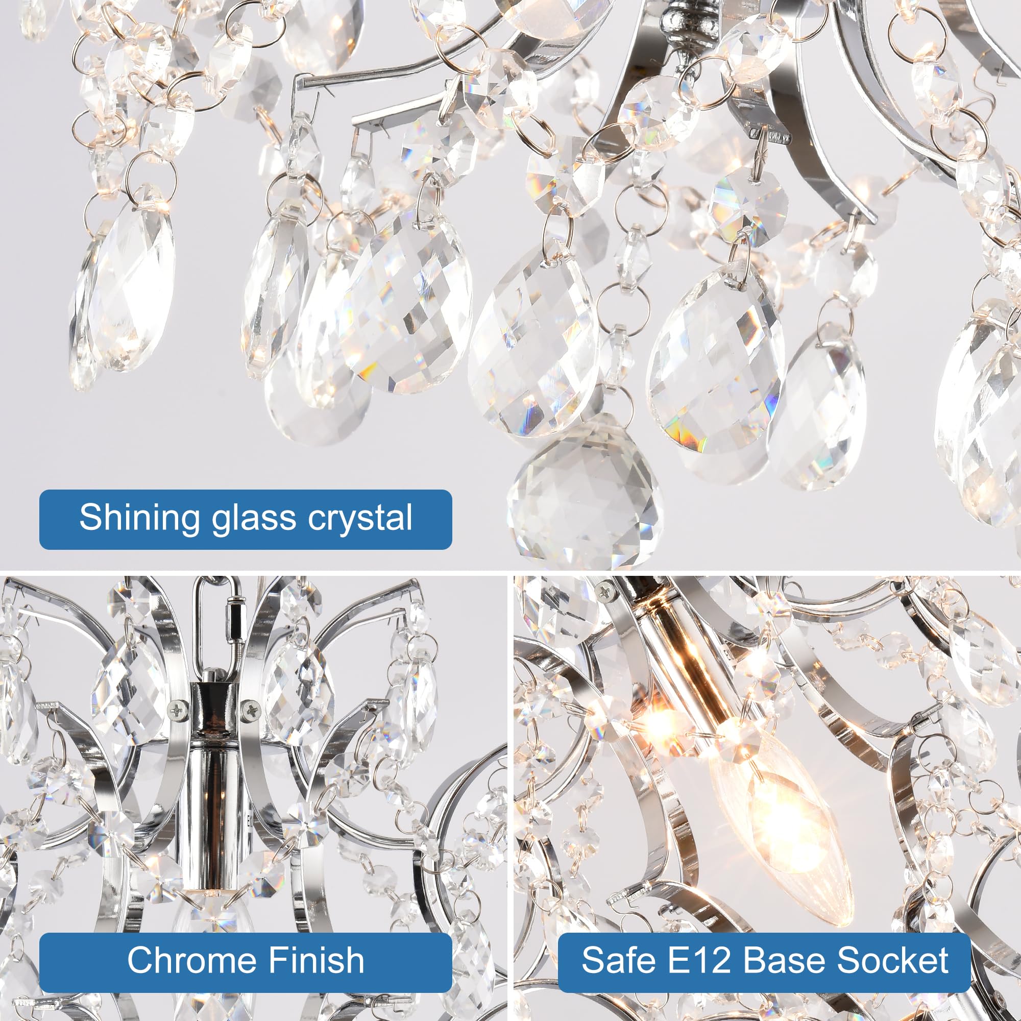 Modern Mini Chandelier Light Fixture, Chrome Finish Crystal Raindrop Ceiling Light Fixture For Bathroom, Small Pendant Chandelie