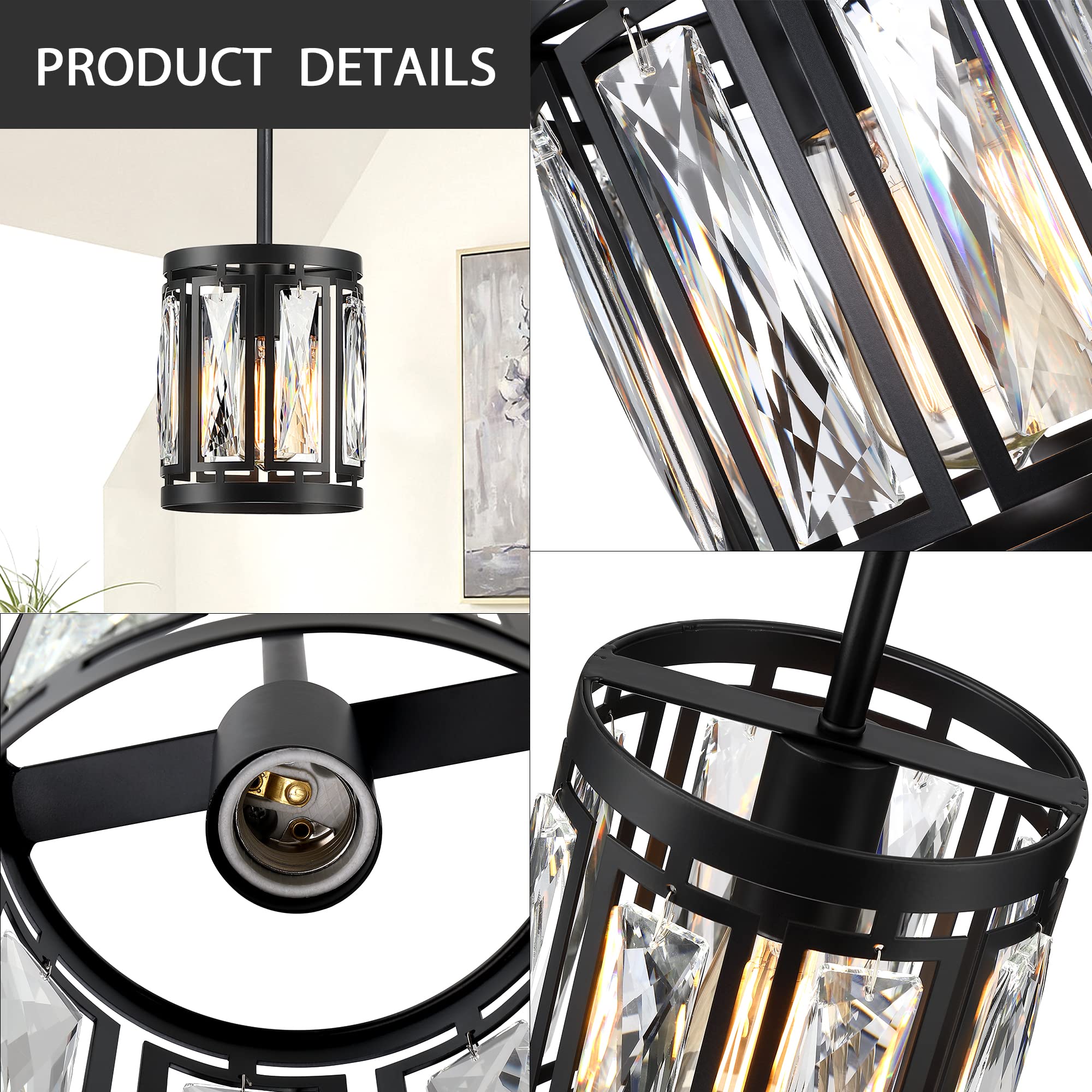 Crystal Pendant Lighting Fixture Matte Black Drum Shade Chandelier,3-Pack Pendant Lights For Kitchen Island Modern Ceiling Light