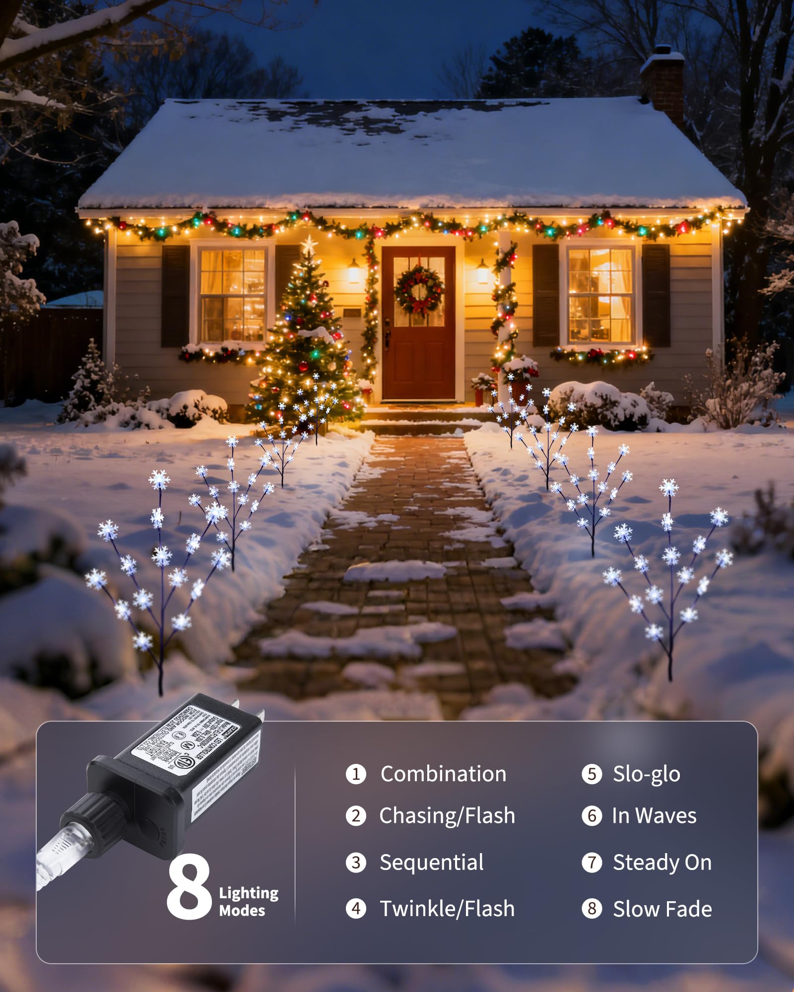 Brightown Snowflake Lights - 4 Pack Lighted Branches for Outdoor Christmas Decor, Cool White, Plastic, Small Christmas Tree
