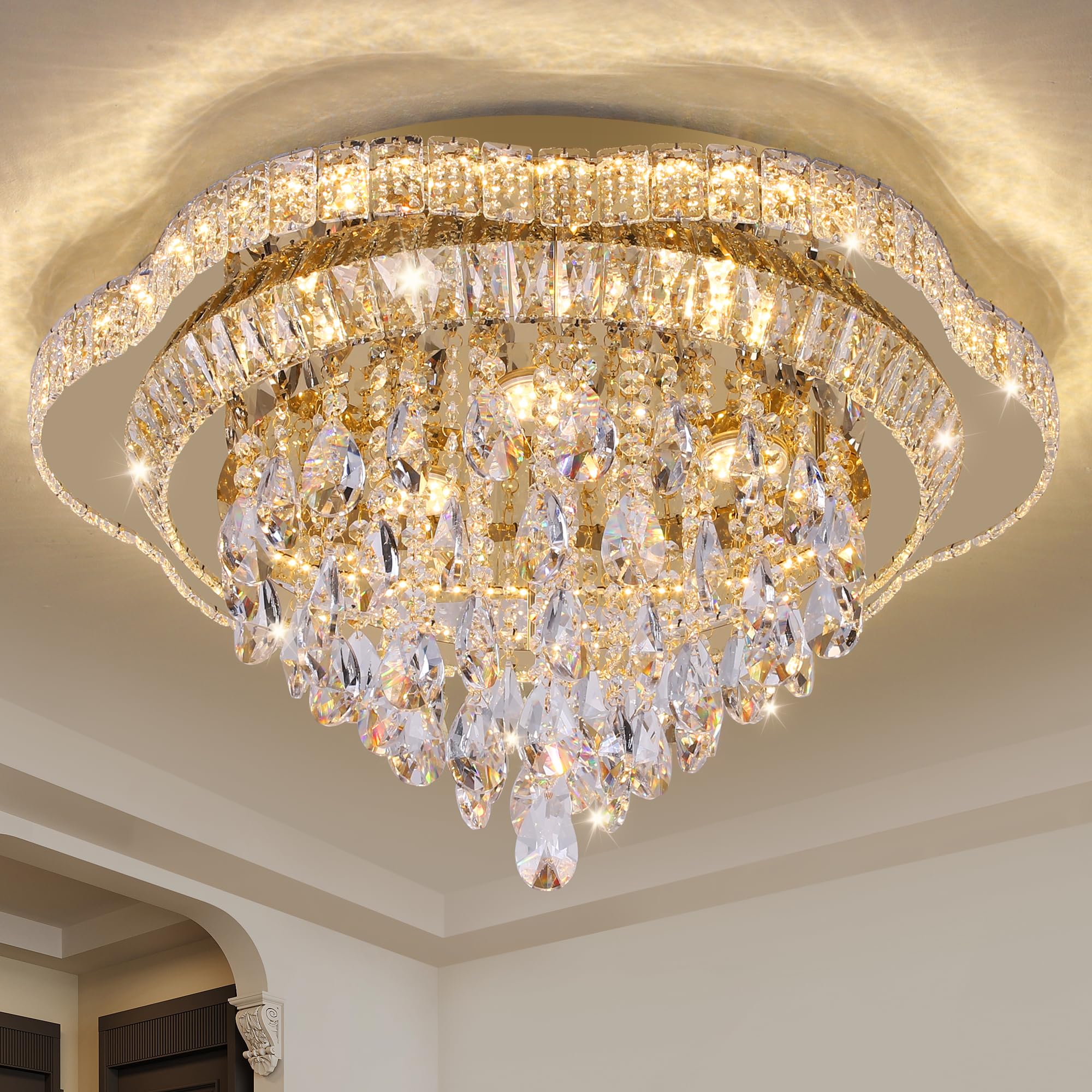 OSGNER 24in Gold Crystal LED Flush Mount Chandelier with Remote Control, 3-Color Dimmable, Modern Flower Design, Model X505-24-GD