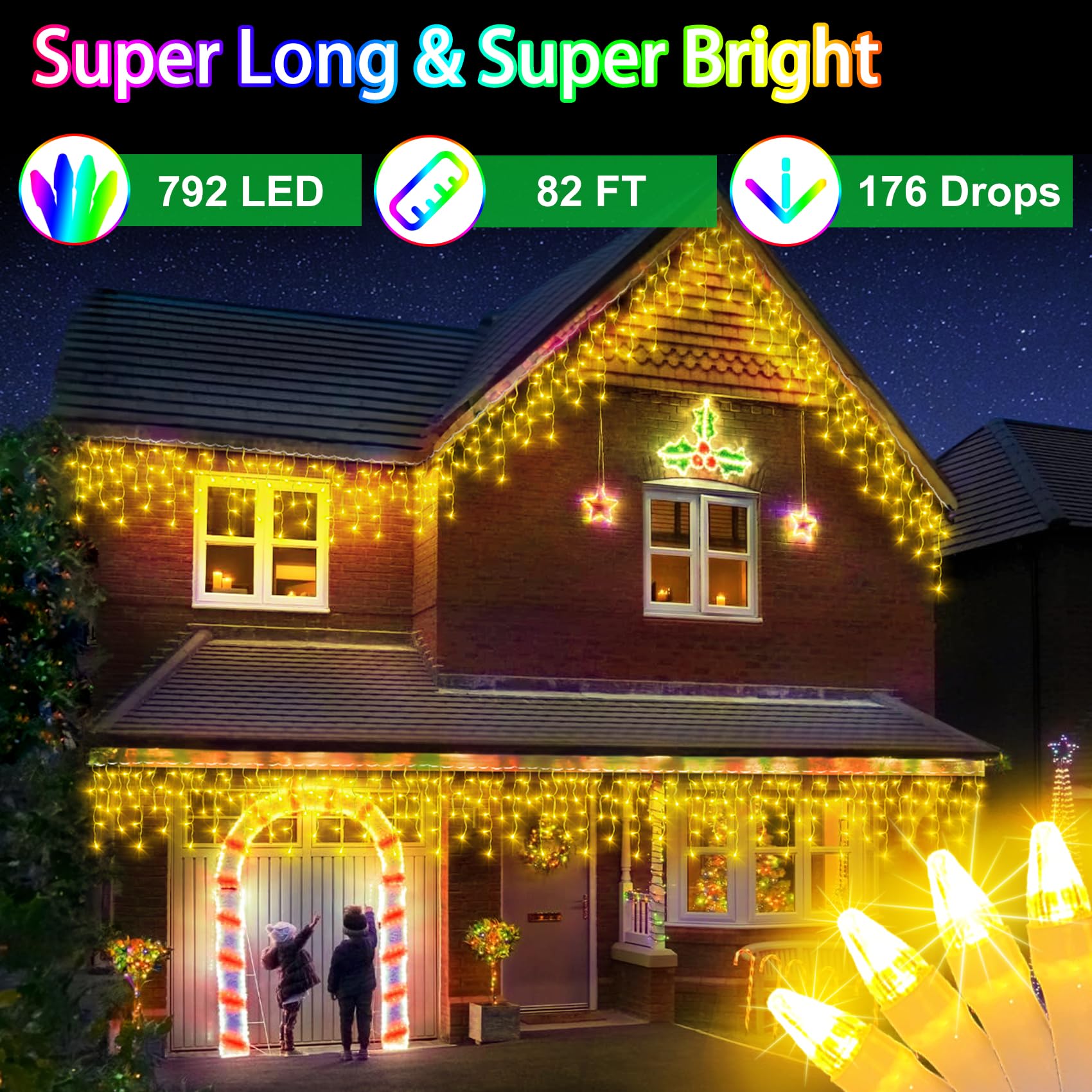 792 Led Christma Lights With 176 Drops, 82Ft Outdoor Hanging Lights With 8 Modes & Timer Memory, Outsite Waterproof Curtain Stri