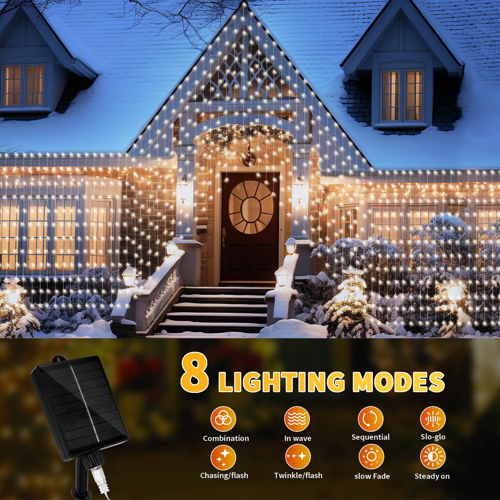 Generic Solar Curtain Lights, 32.8FT x 6.56FT, White, 8 Modes, Copper Material, Outdoor Decoration for Patio, Gazebo, Tree