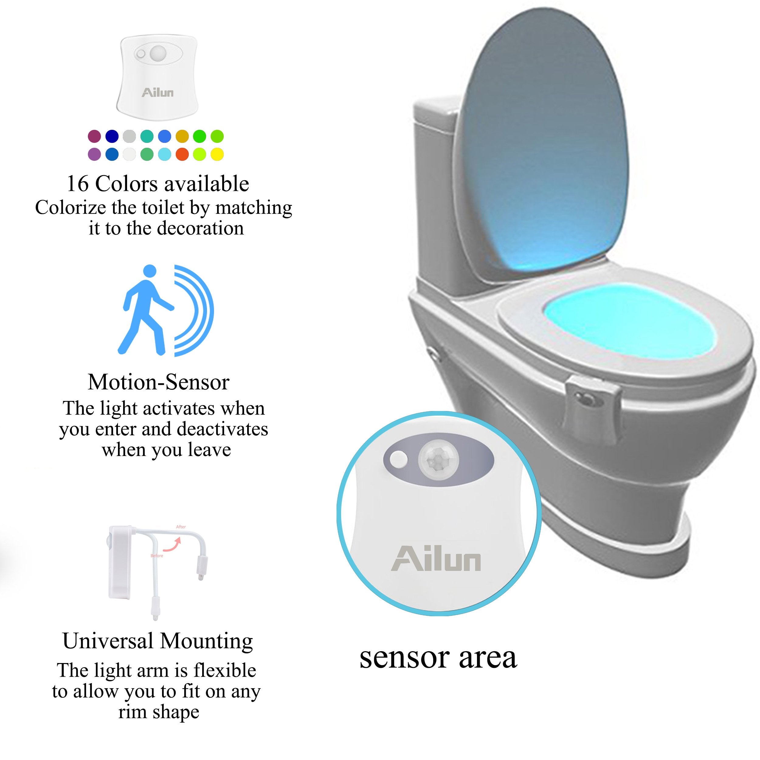 Ailun Toilet Night Light, Motion Activated LED, 16 Color Changing, Plastic, White, Model ToiletNightLight 16Colors, 2 Pack