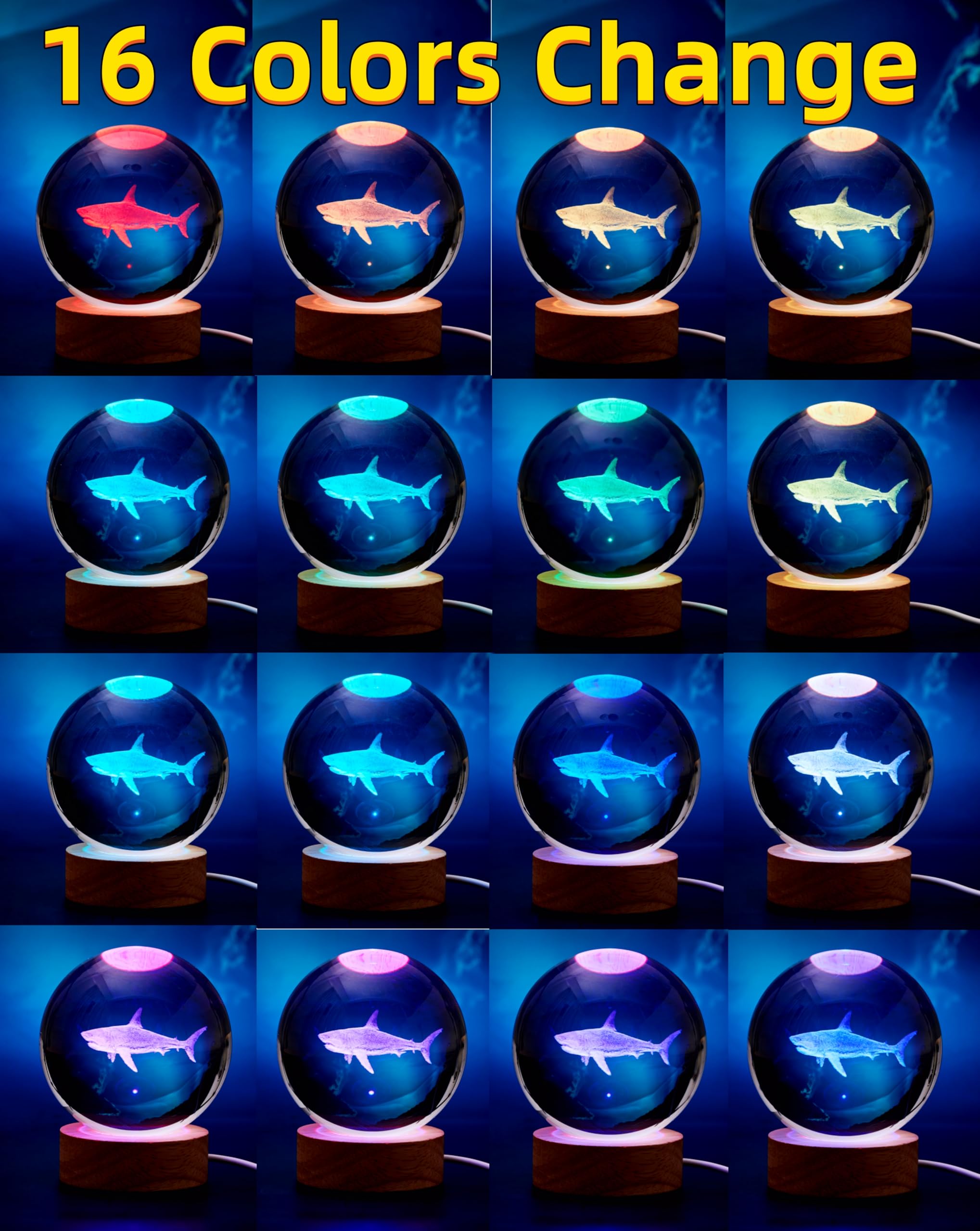 3D Shark Crystal Ball Lamp,Lifelike 3D Led Shark Night Light,16 Colors Changing Light,Dimmable Remote Control,Shark Lamp Gift (Shark)