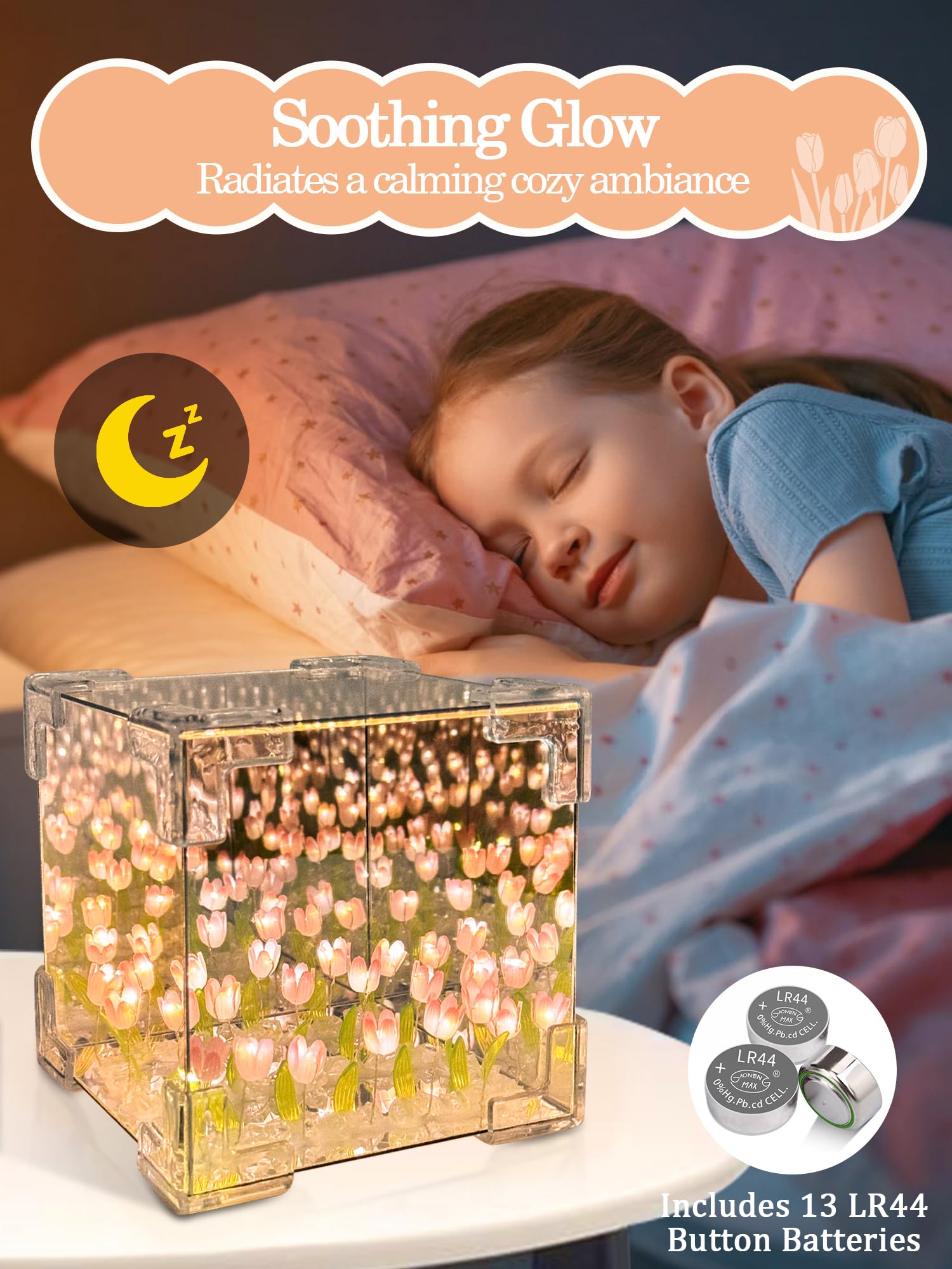 AQDZCNF DIY Tulips Cube Mirror Lamp - Pink Tulip Night Light, Handmade Decor for Bedroom & Living Room, Includes 13 LR44 Batteries