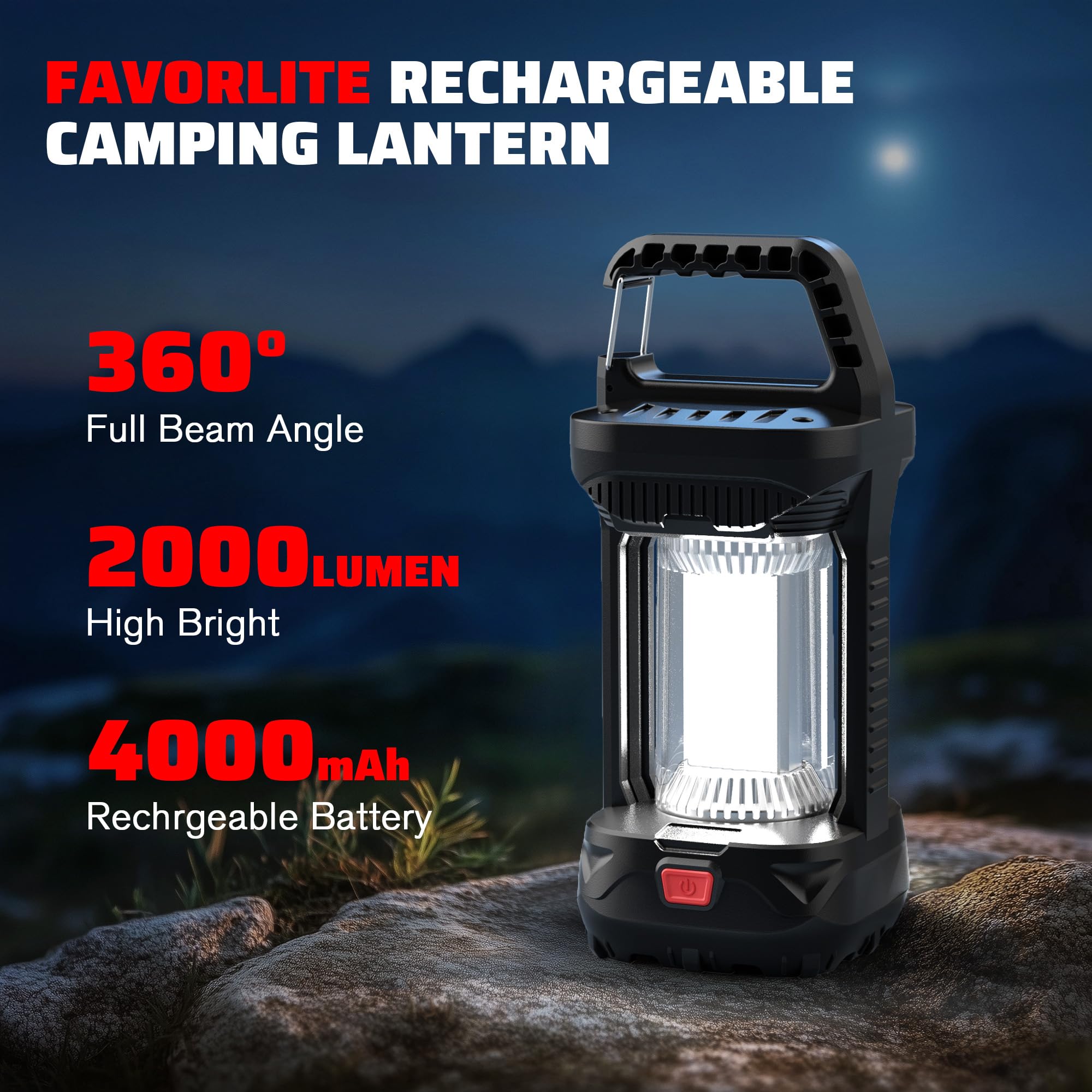 Favorlite 1000Lm Rechargeable Led Camping Lantern, Waterproof Tent Light With 3 Light Modes, Camping Essentials, Portable Lanter