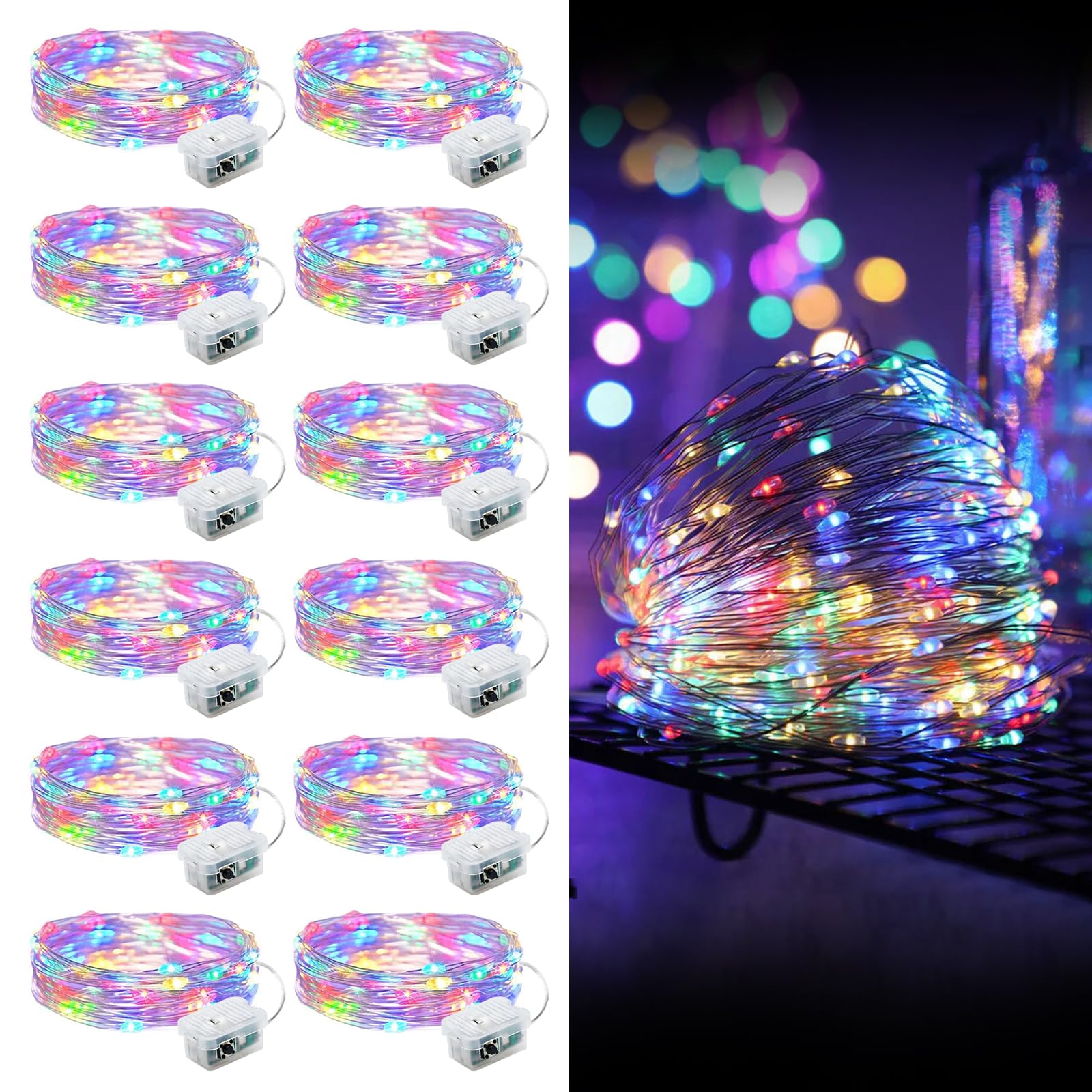 Aogist Led Fairy Lights 3 Modes Battery Operated String Lights Waterproof Silver Wire 7 Feet Firefly Starry Moon Mason Jar Lights for DIY Wedding Party Christmas (Multicolor, 12 Pack)
