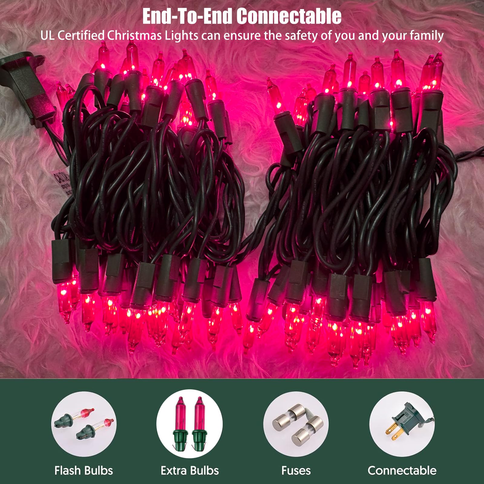 Hishiny Christmas Lights 100 Count Pink Christmas Tree String Lights With Green Wire For Outdoor Indoor Christmas Decorations Wedding Decorations Valentines Day Decor Ul Certified (21Feet)