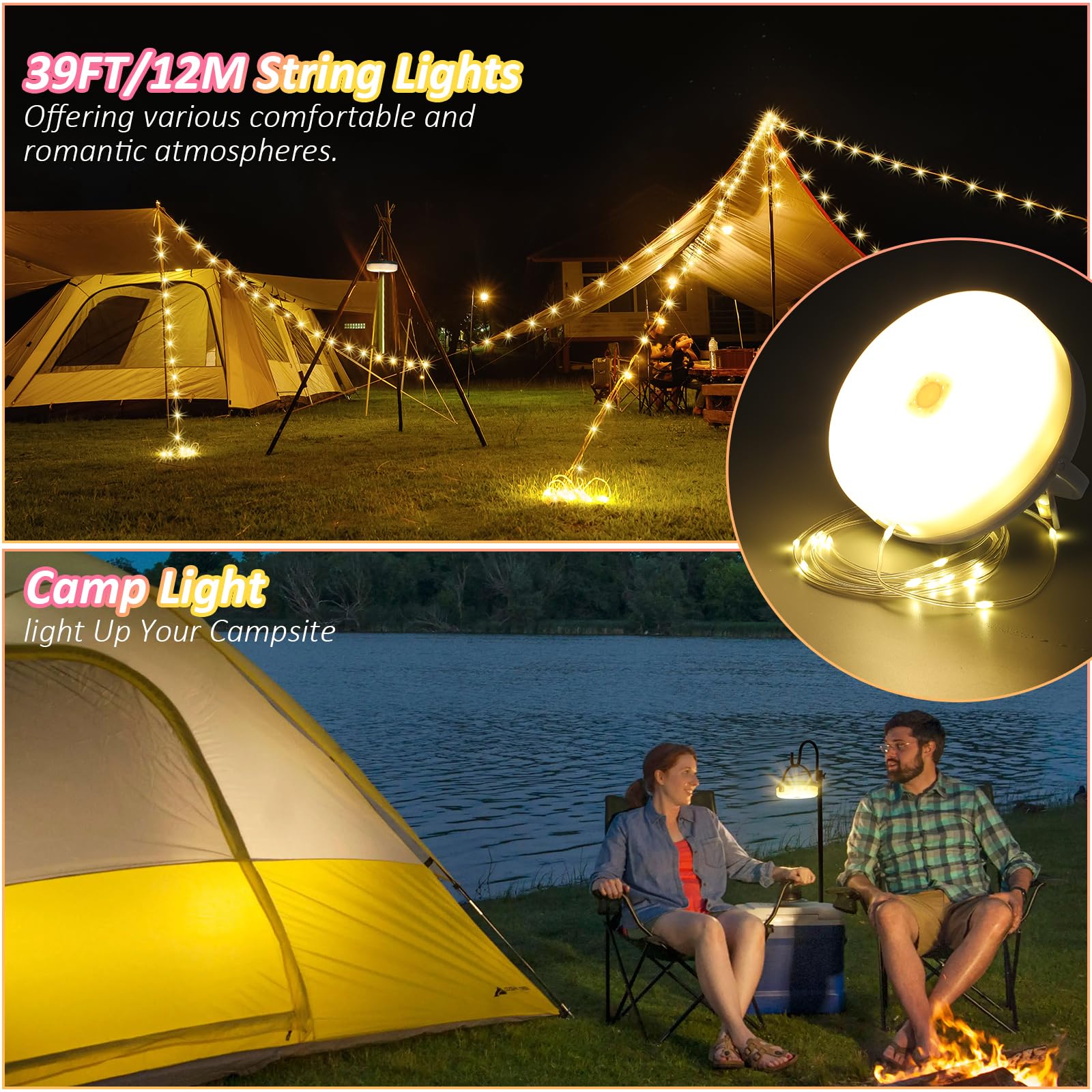 UOUNE Solar Camping String Lights, 39.4FT, Waterproof, 8 Lighting Modes, Rechargeable, Remote Control, Green & White, Model HG04776