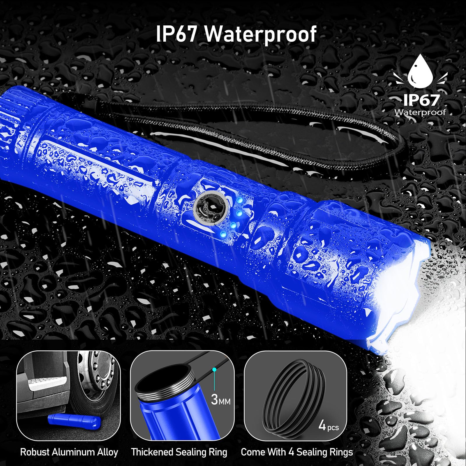 Blukar Rechargeable Flashlight - High Lumens LED Torch, 5 Modes, Zoomable, Waterproof, Aluminum, Blue, Model K9138