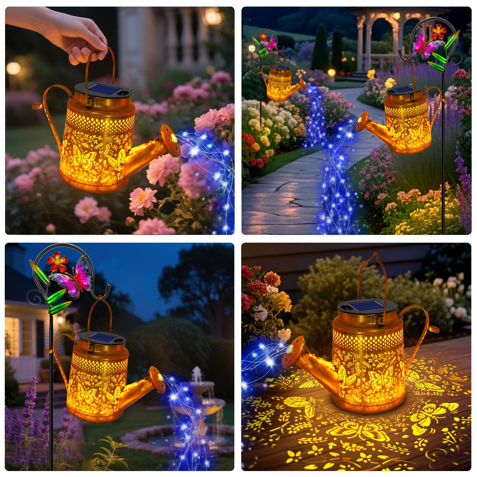 Butterfly Solar Lights Outdoor Waterproof  Solar Watering Can Lights With Shepherd Hook  Metal Hanging Lantern Garden Decor Yard Outside Patio Lawn  Gifts For Mom Grandma Women Birthday