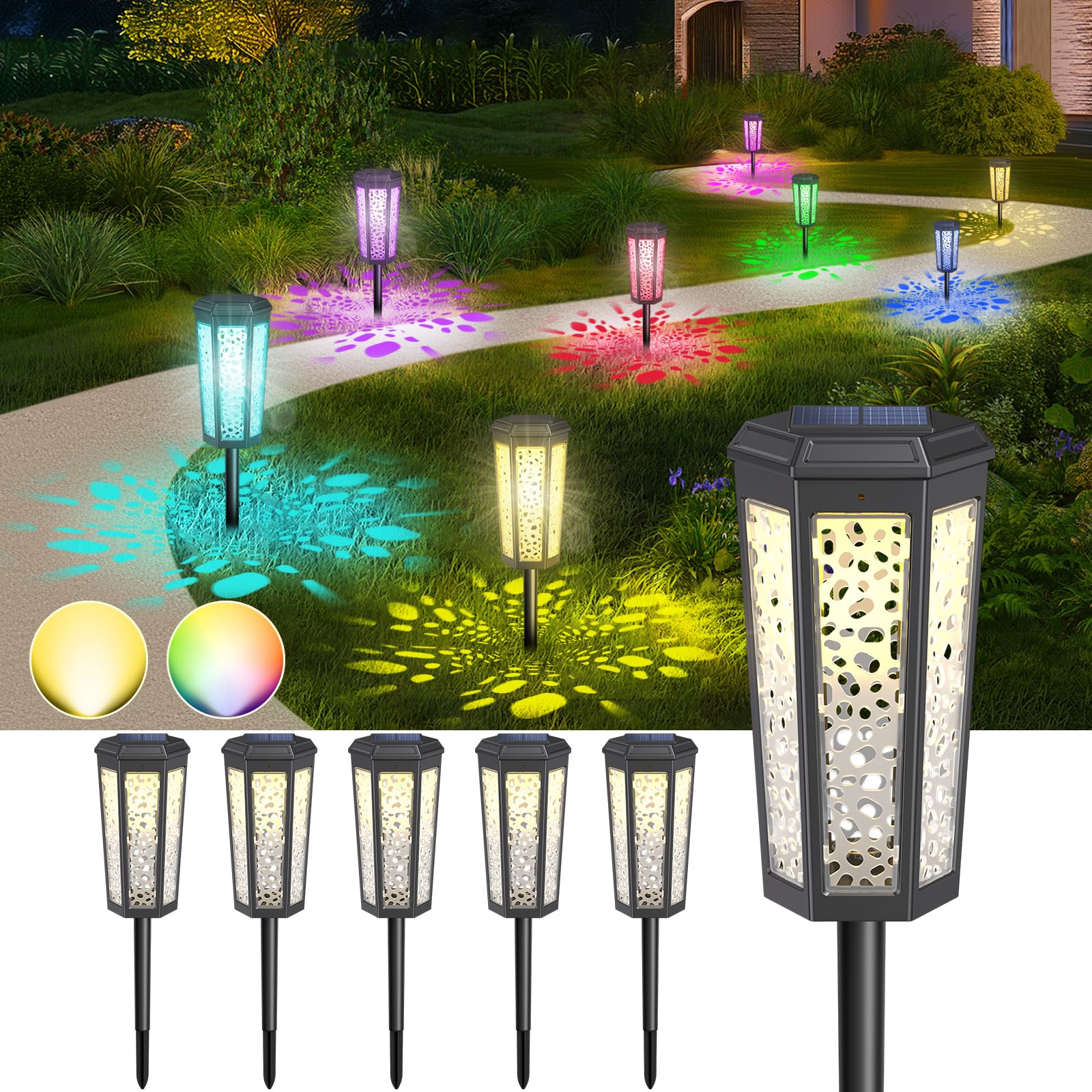 Colored Solar Powered Pathway Landscape Lights Outdoor Warm White & RGB Dusk to Dawn Waterproof for Garden Sideway Outside  Patio  Path  Yard  Walkway  Driveway  2 Modes 6 Pack Accent Modern Design