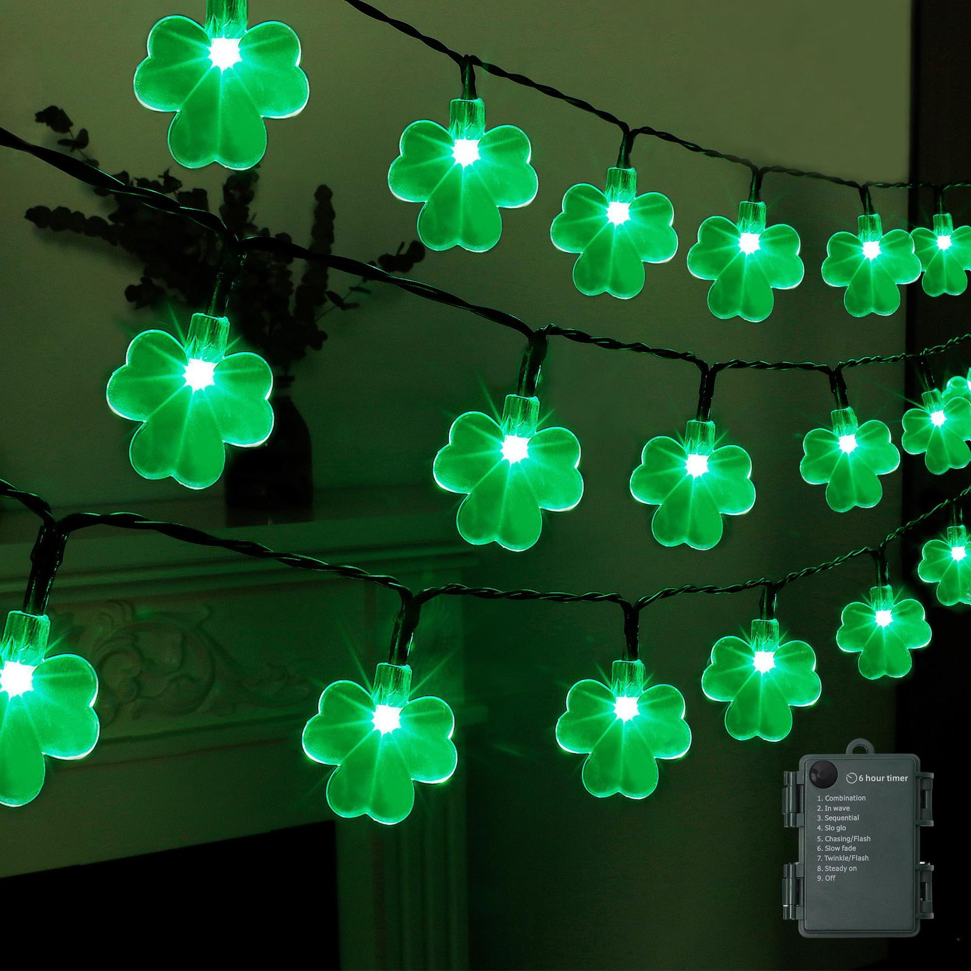 LJLNION St. Patricks Day String Lights Outdoor, 50 LED 16 FT Shamrocks Decorative Green Leaf Lights Battery Operated, 8 Lighting