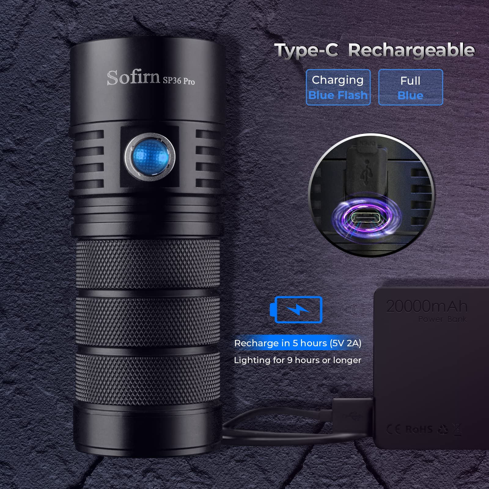 Sofirn Flashlight High Lumens, 8000 Lumens Super Bright Sp36 Pro Powerful Light Usb C Rechargeable With 4*Led 5000K, Anduril 2.0