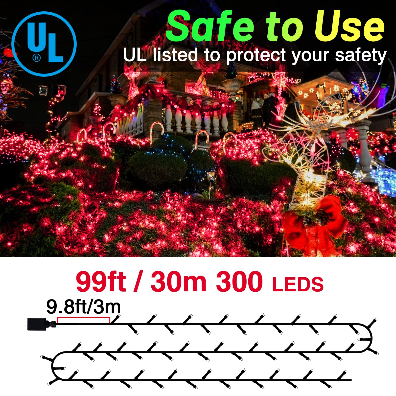 Knonew Outdoor Christmas Lights 300 Led 99Ft String Lights 8 Modes & Memory Fairy Light Plug In Waterproof Led String Lights For Xmas Yard Tree Wedding Party Holiday Decorations (Red)