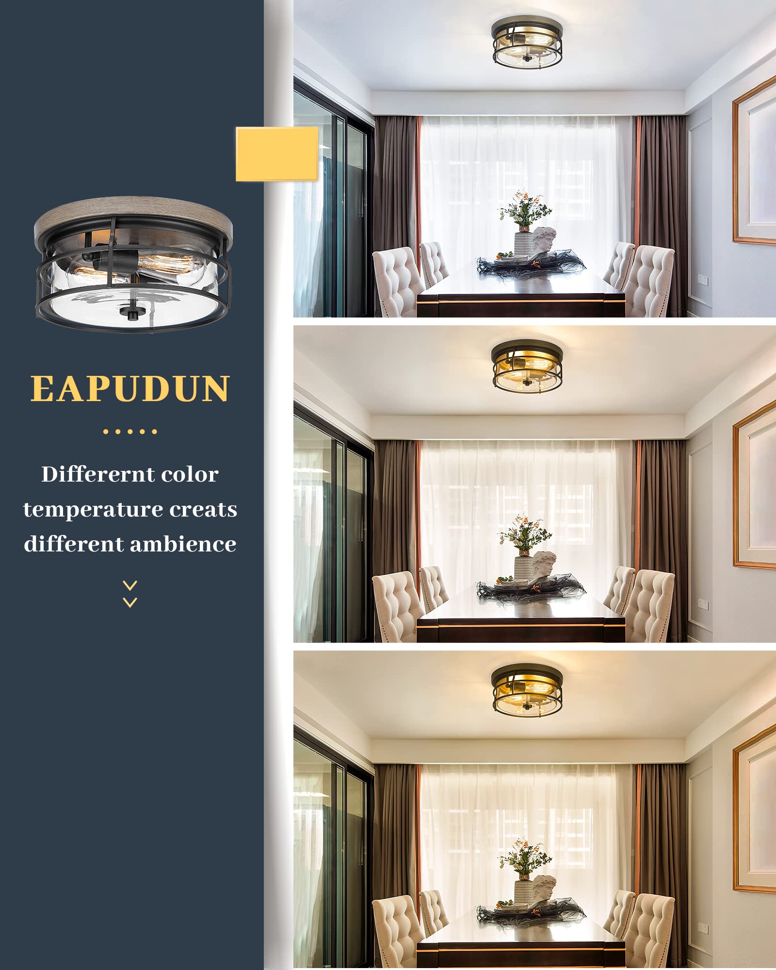 Eapudun 2-Light Flush Mount Ceiling Light, Vintage Black & Wood Fixture For Home Décor