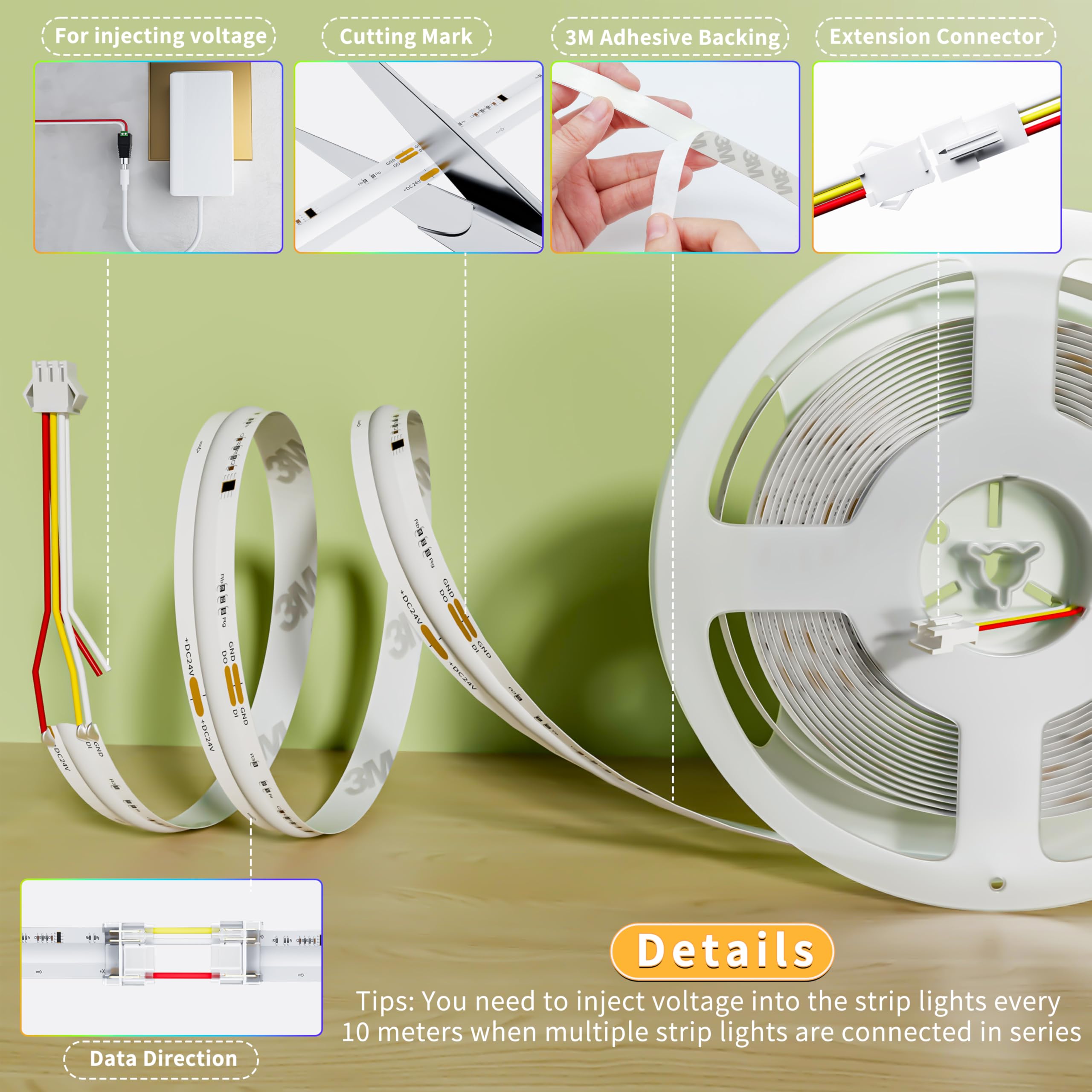 Pautix Ip65 Waterproof Rgb Smart Ic Cob Led Strip Light Addressable 16.4Ft/5M,24V Color Flowing Strip Light Multicolor Flexible